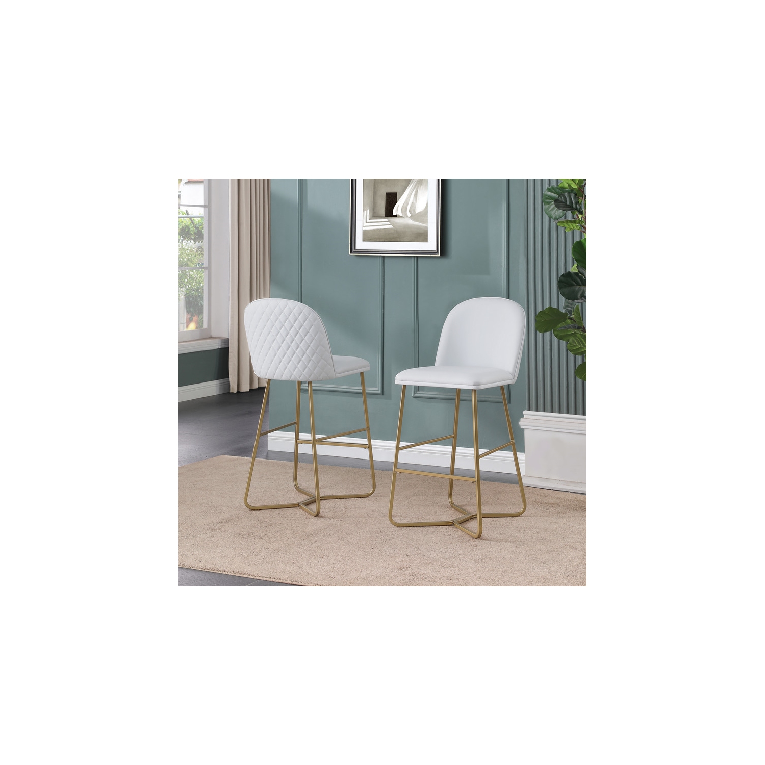 Quilted Back Barstools 29" Set of 2 in White Faux Leather and Gold Base