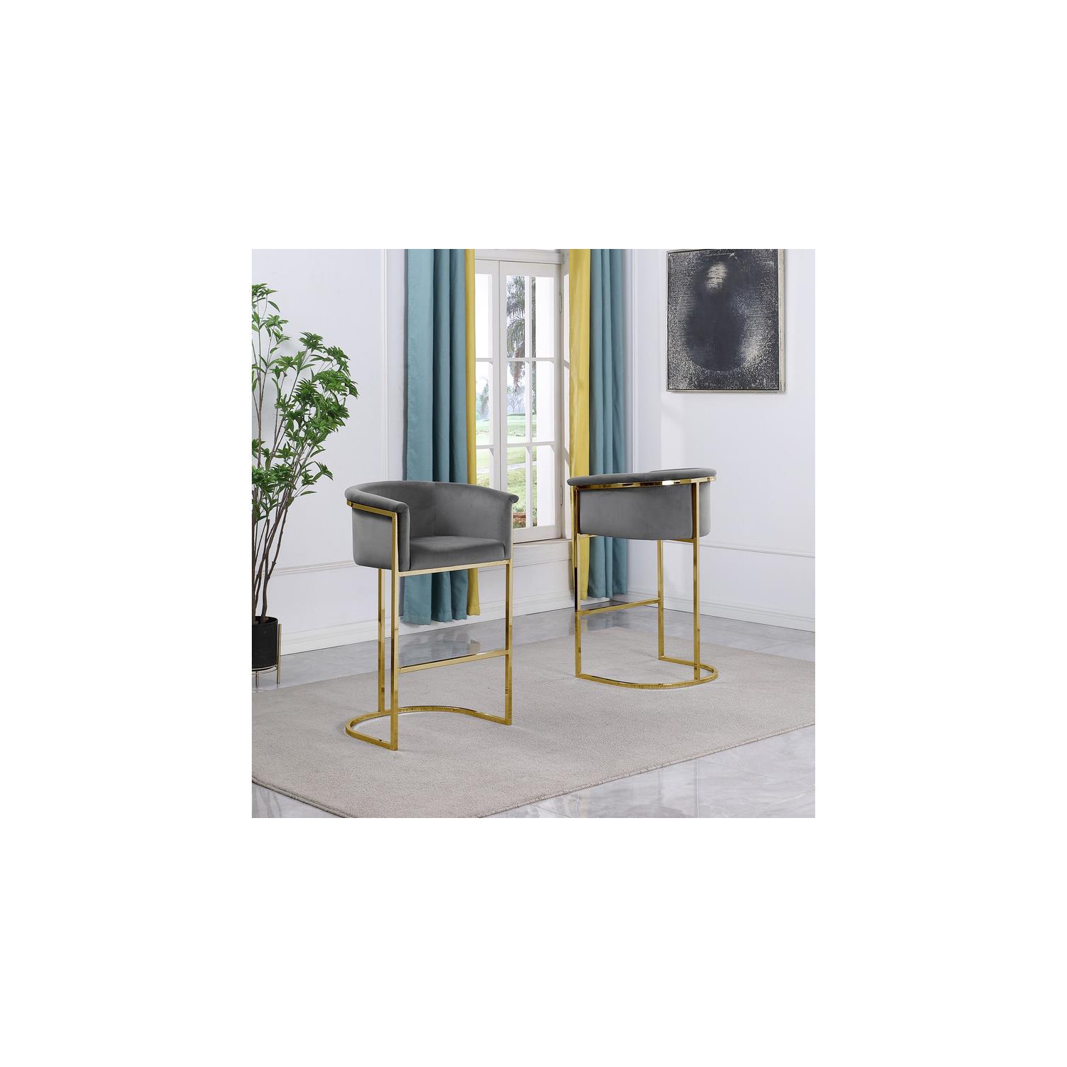 Dark Gray Velvet Barstool Chair with Gold Metal Chrome Base