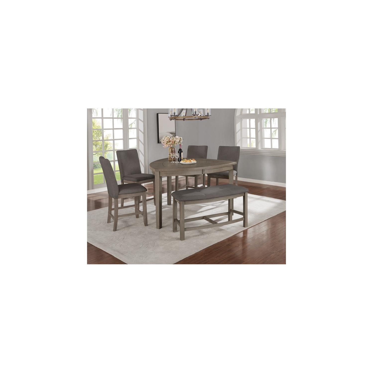 Rustic Gray Wood Counterheight Dining Chairs in Gray Linen Fabric