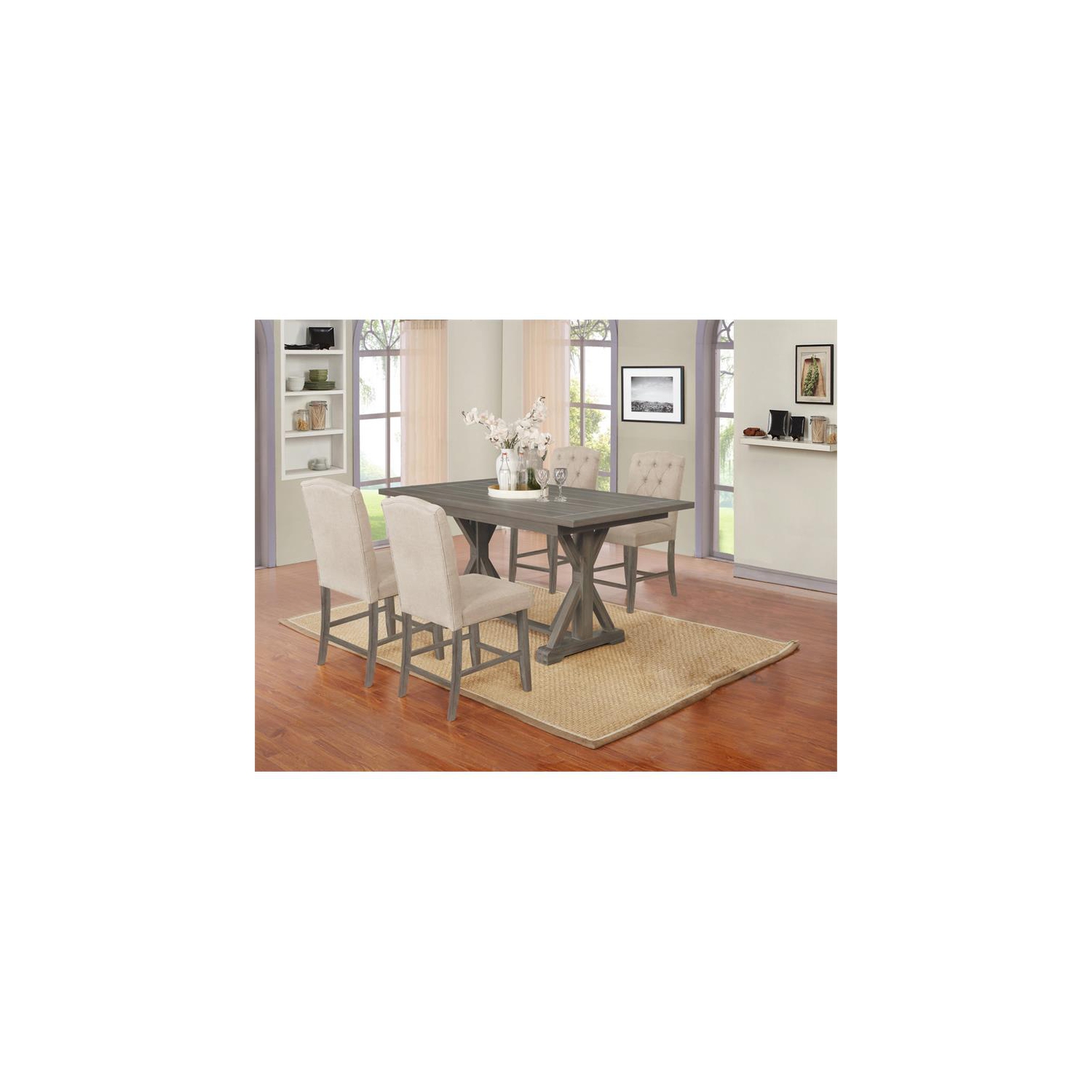 Rustic Wood Counterheight Dining Chairs with Beige Linen Fabric