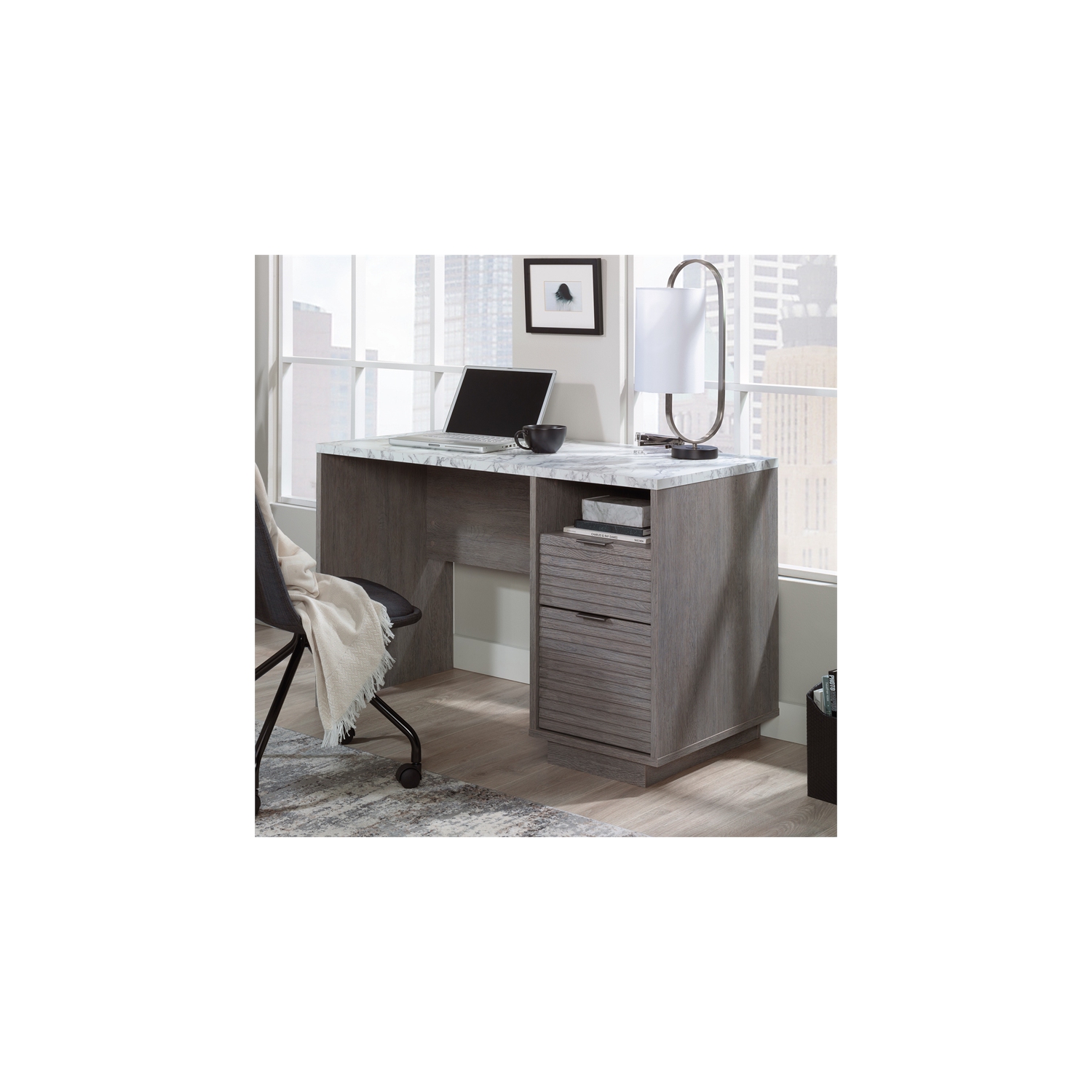 Sauder East Rock Engineered Wood Single Pedestal Desk in Ashen Oak