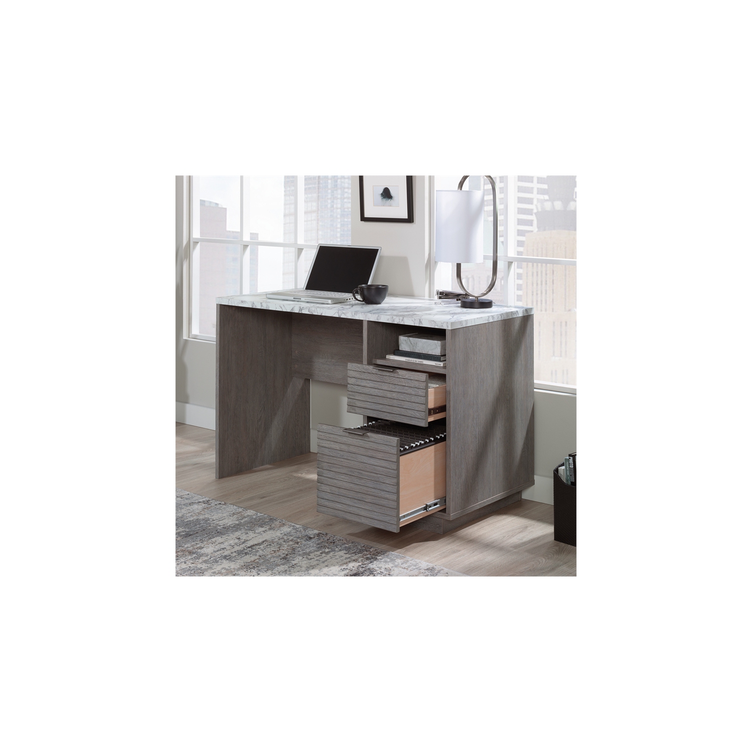 Sauder East Rock Engineered Wood Single Pedestal Desk in Ashen Oak