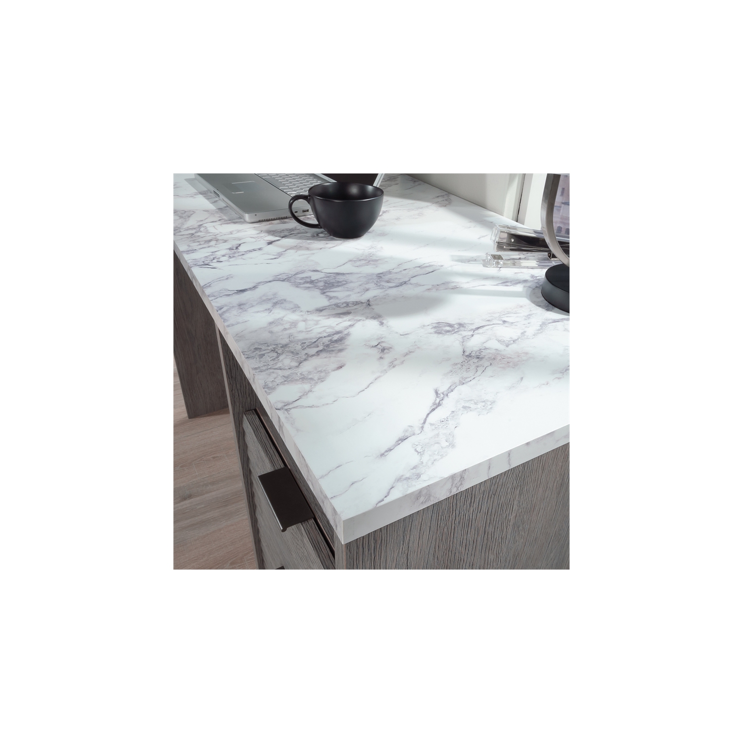 Sauder East Rock Engineered Wood Single Pedestal Desk in Ashen Oak