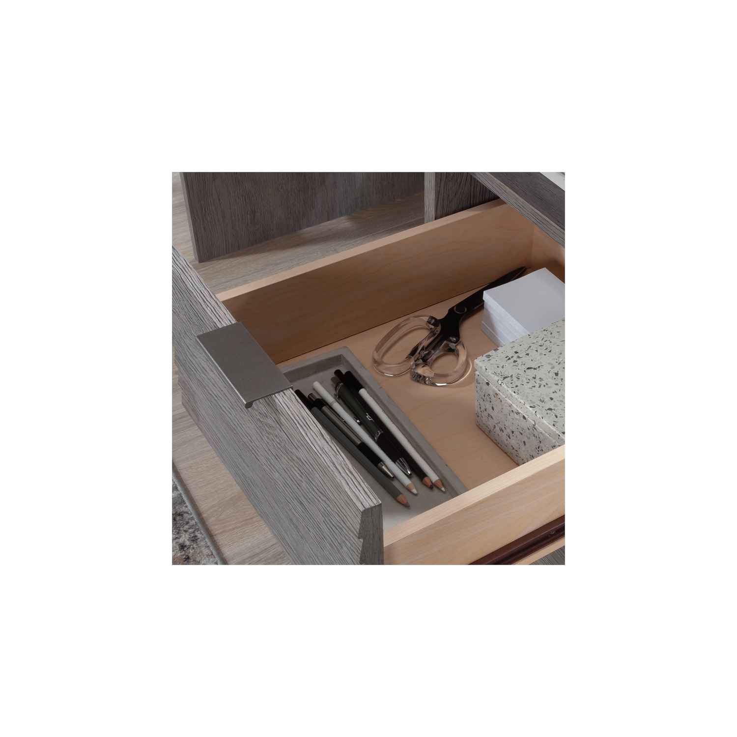 Sauder East Rock Engineered Wood Single Pedestal Desk in Ashen Oak