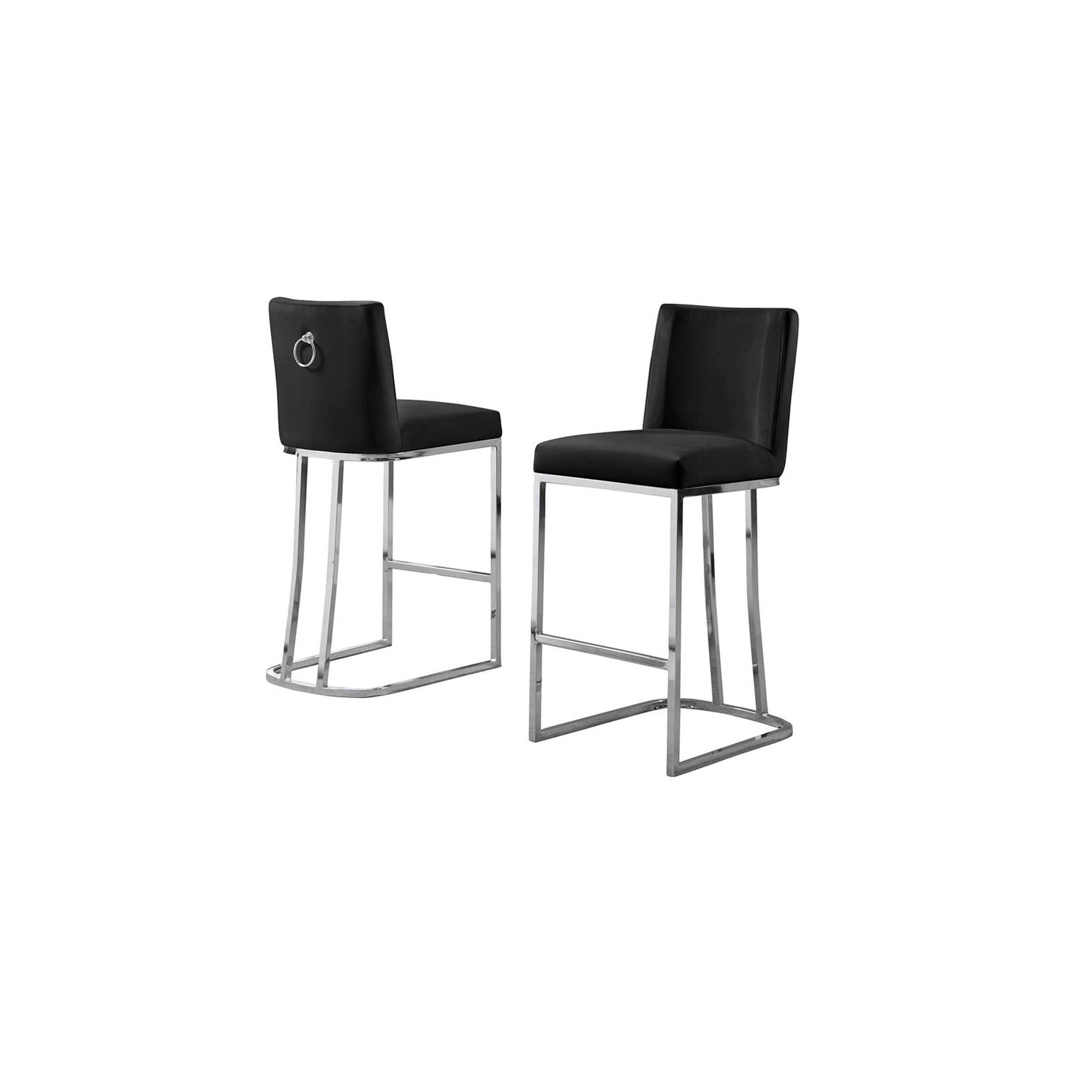 Chaises à hauteur de comptoir en velours noir et en chrome argenté