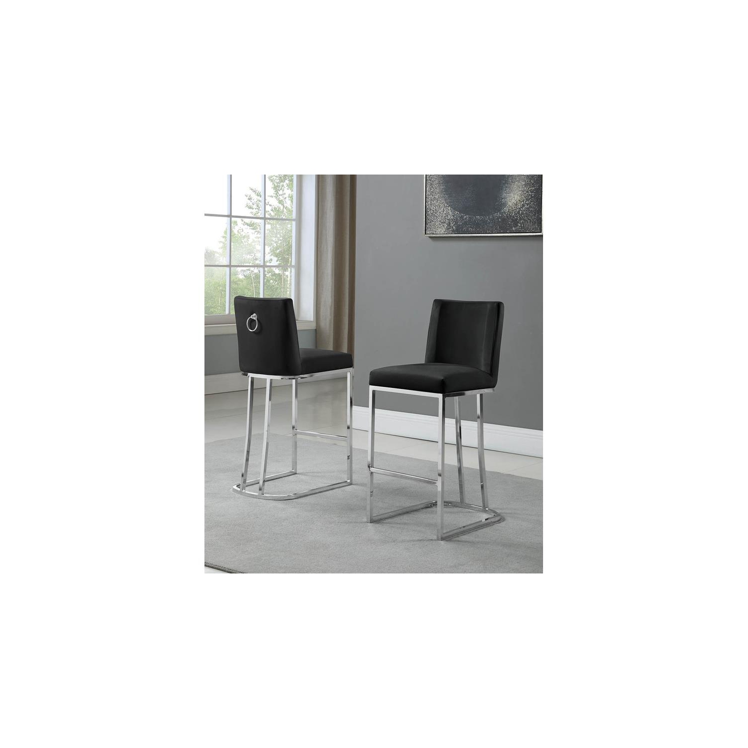 Chaises à hauteur de comptoir en velours noir et en chrome argenté