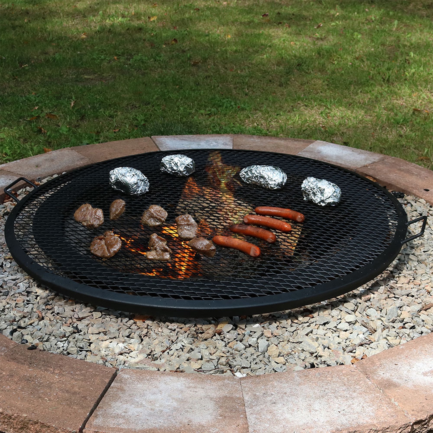 Sunnydaze 22 in Round Steel X-Mark Fire Pit Cooking Grill with Handles