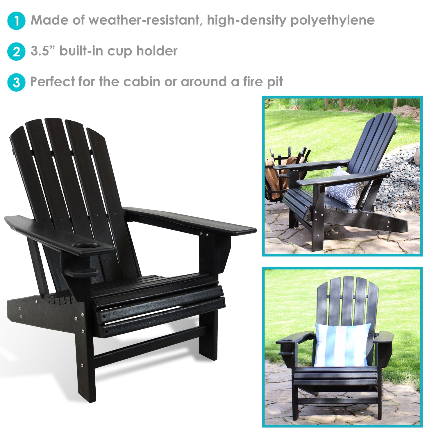 Sunnydaze Lake Style Adirondack Chair with Cup Holder - Black