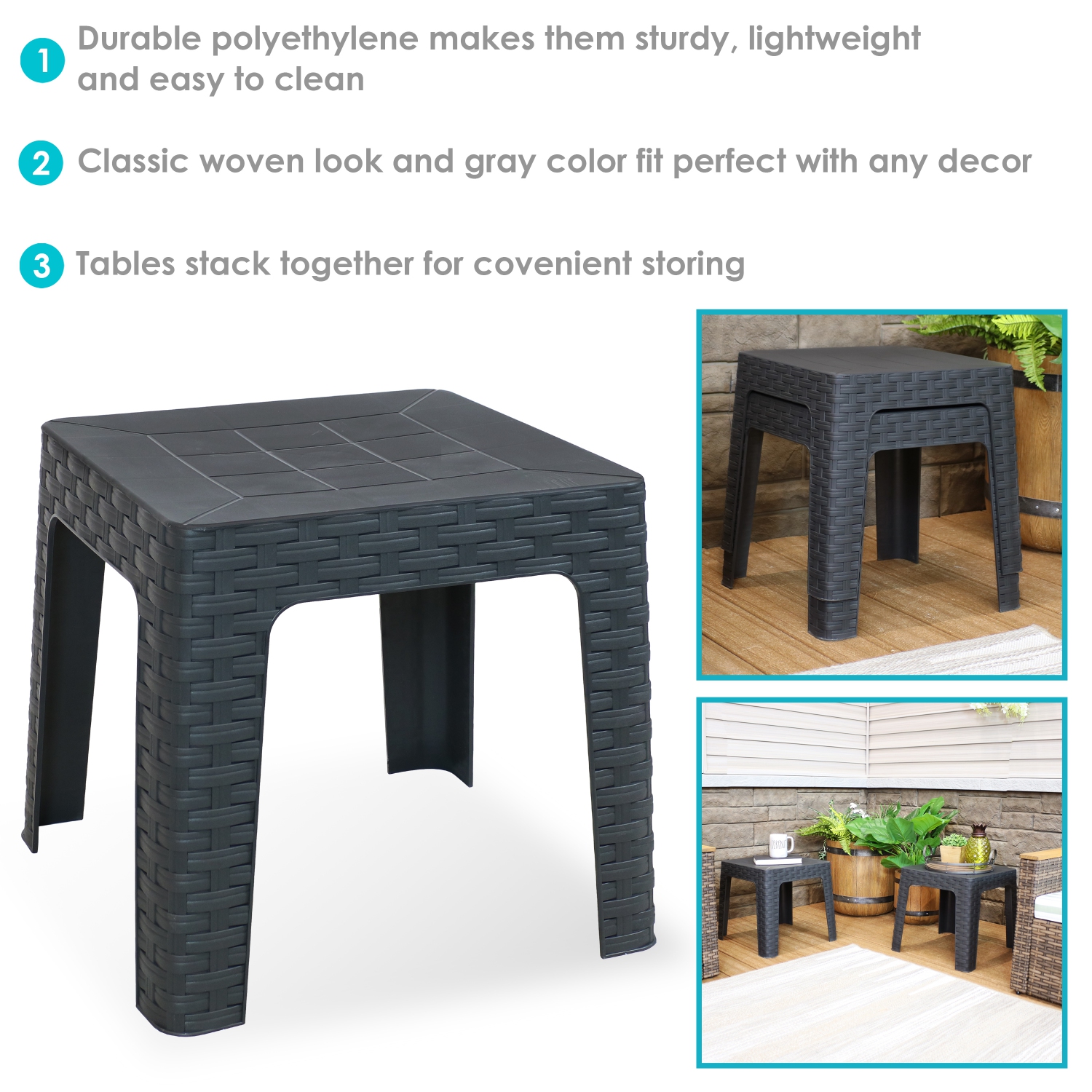 Sunnydaze 18.5 in Plastic Square Patio Side Table - Gray - Set of 2