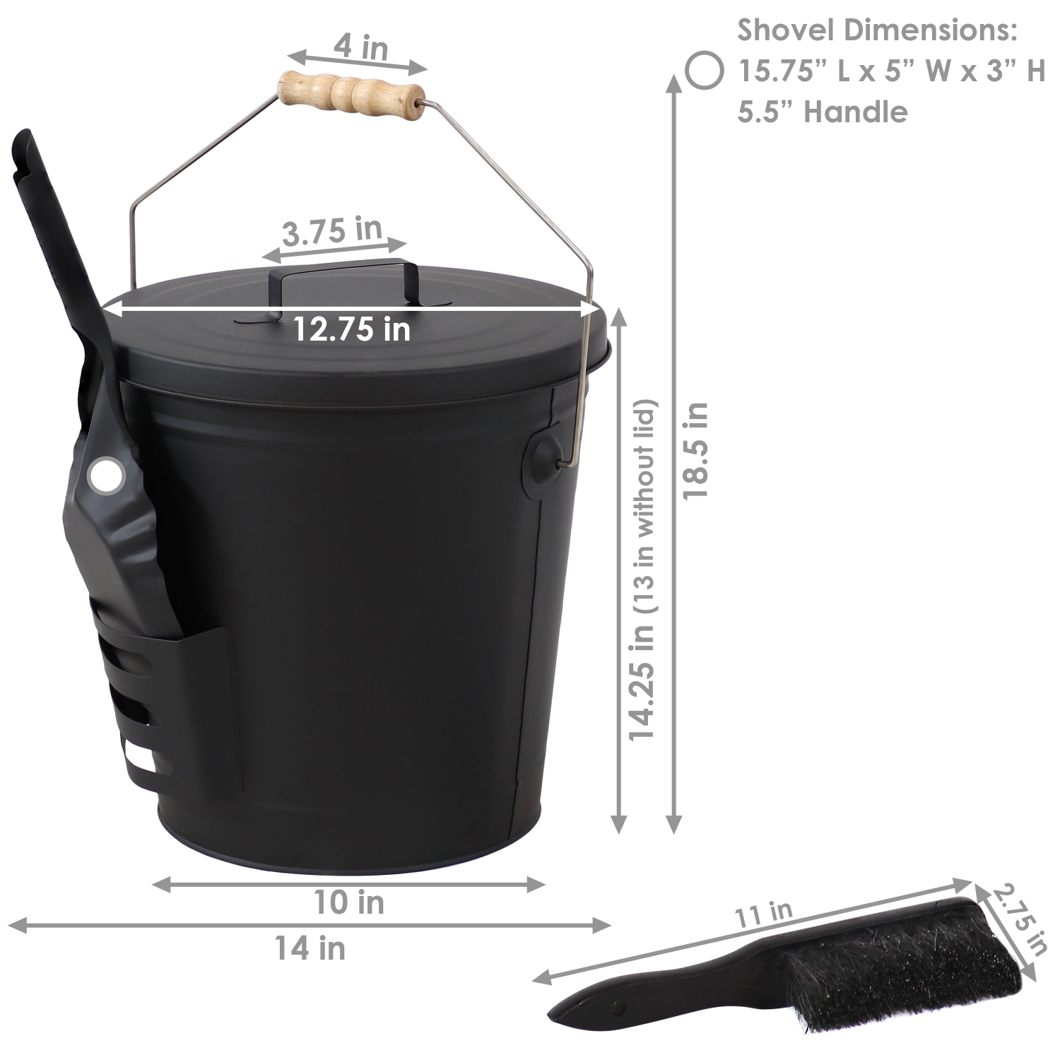 Sunnydaze Powder-Coated Steel Fireplace Ash Bucket with Lid, Shovel, Brush
