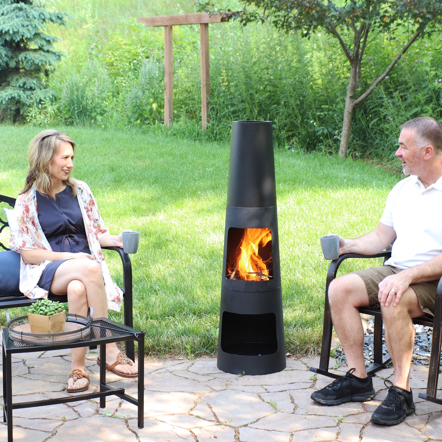 Sunnydaze Heavy-Duty Steel Chiminea Fire Pit with Log Storage - 49 in