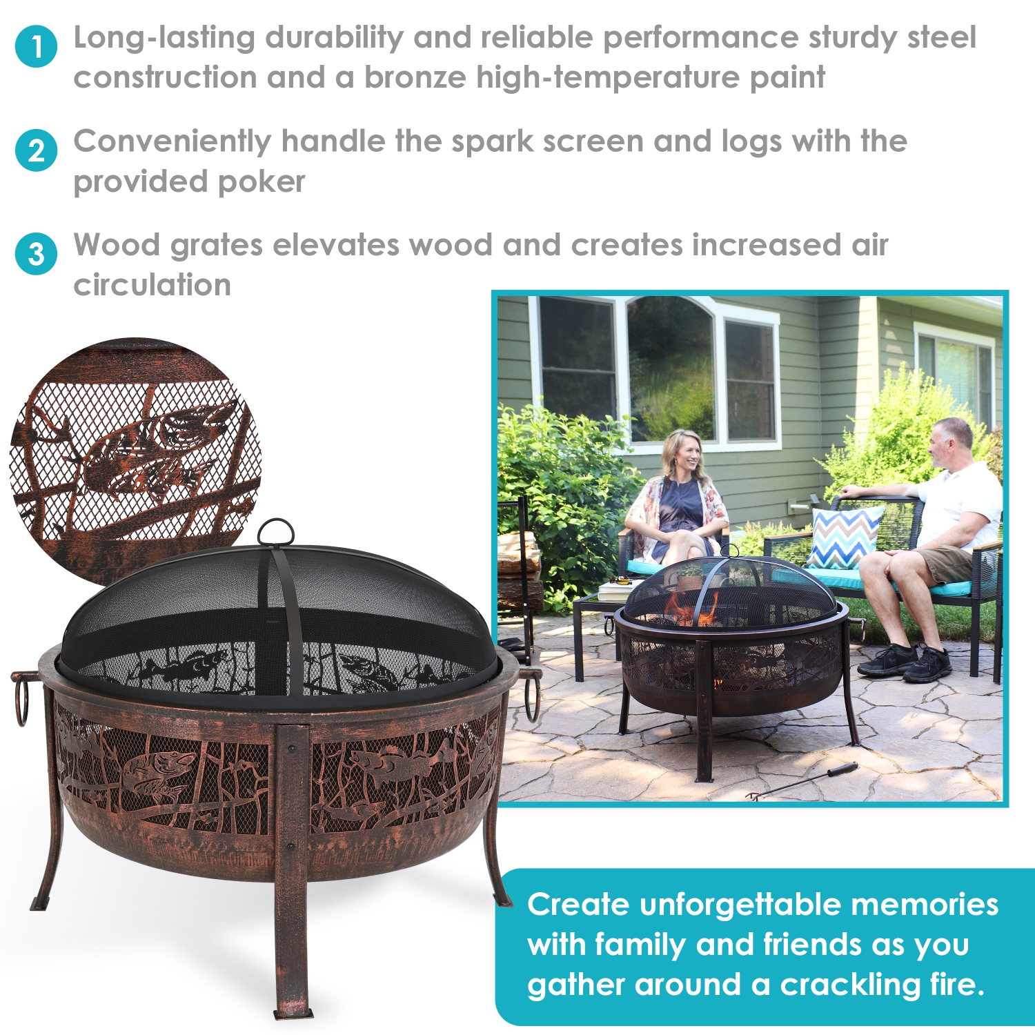 Sunnydaze 30 in Northwoods Fishing Steel Fire Pit with Spark Screen