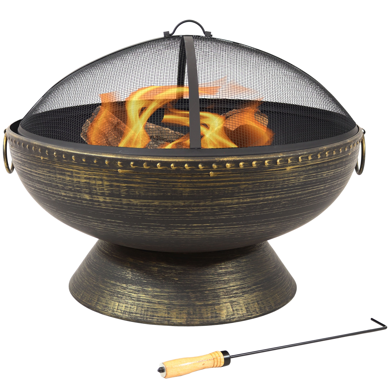 Sunnydaze 30 in Steel Fire Pit with Handles, Spark Screen, Poker, and Grate