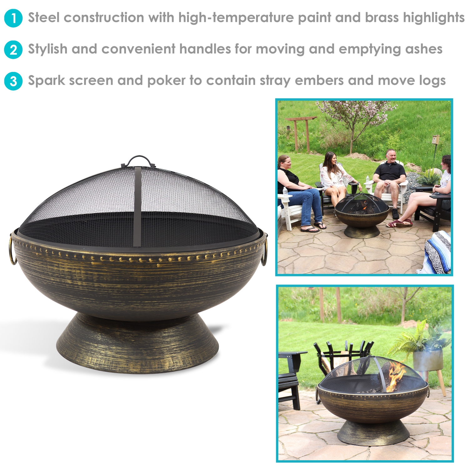 Sunnydaze 30 in Steel Fire Pit with Handles, Spark Screen, Poker, and Grate