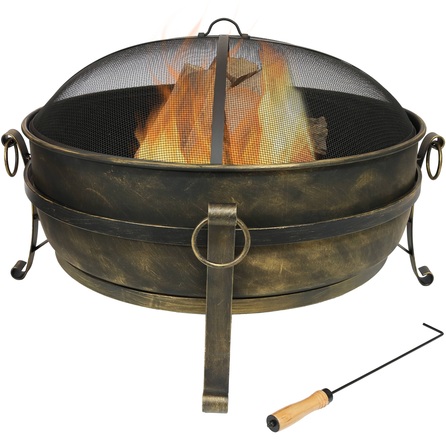 Sunnydaze 34 in Cauldron Steel Fire Pit with Spark Screen, Poker, and Grate