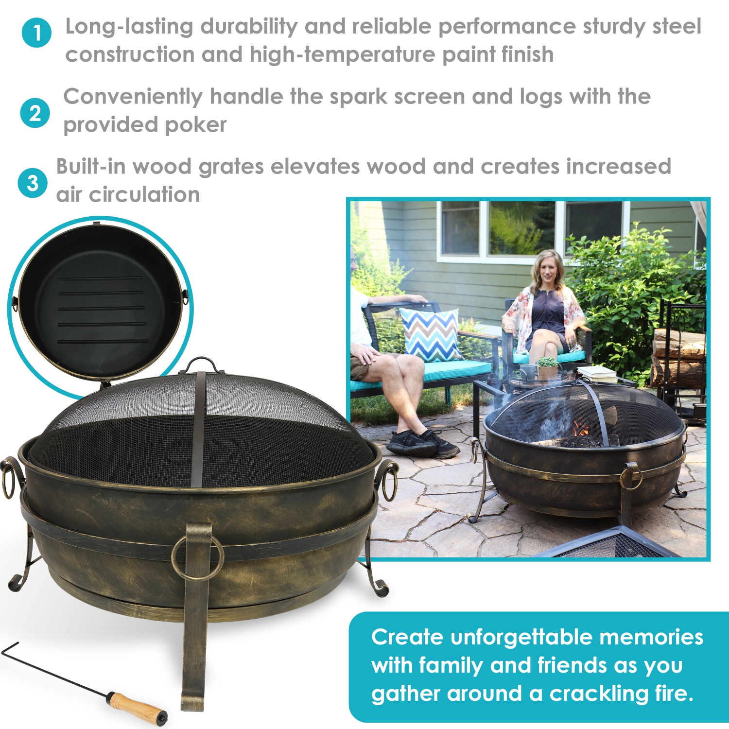 Sunnydaze 34 in Cauldron Steel Fire Pit with Spark Screen, Poker, and Grate