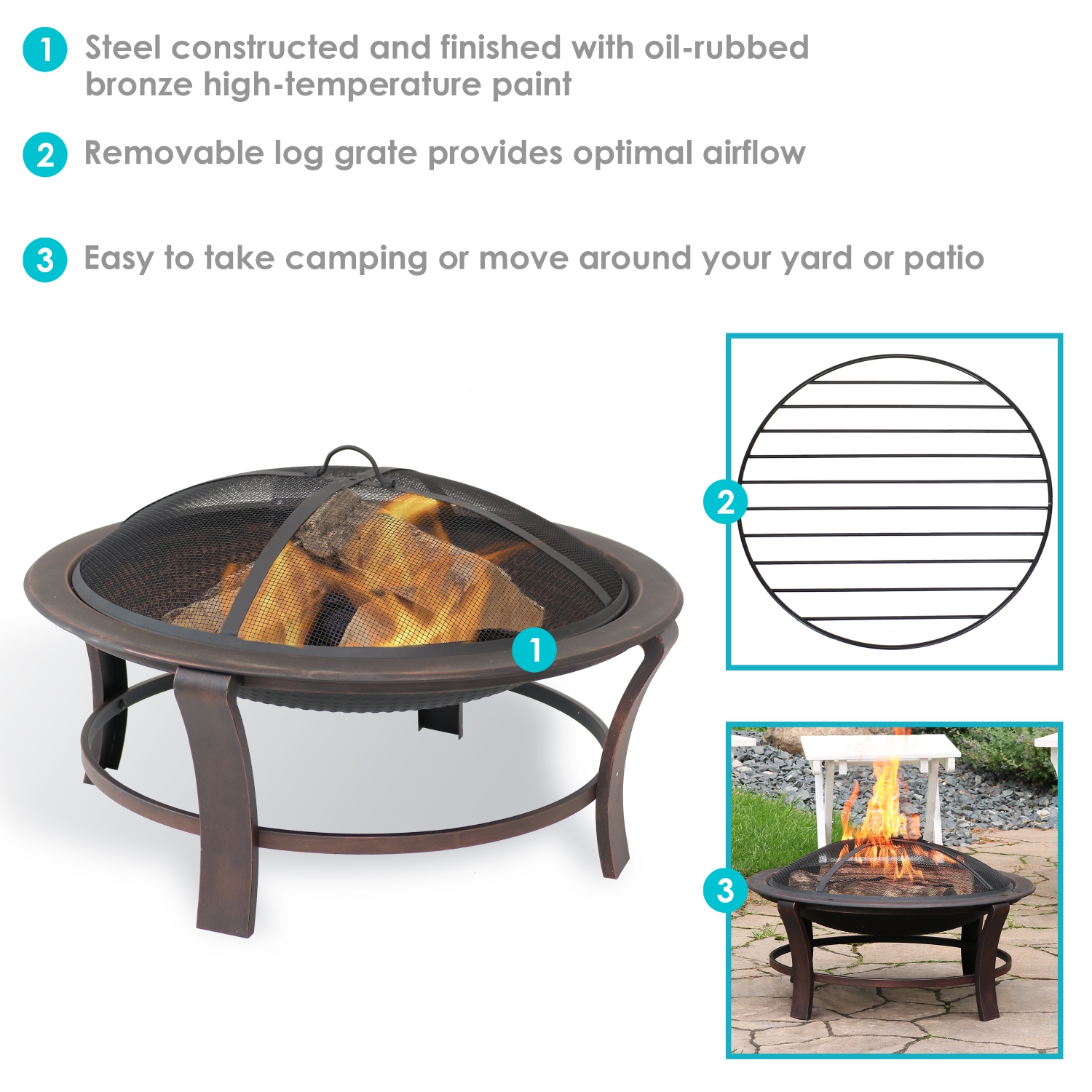 Sunnydaze 29 in Elevated Steel Fire Pit Bowl with Stand, Screen, and Poker