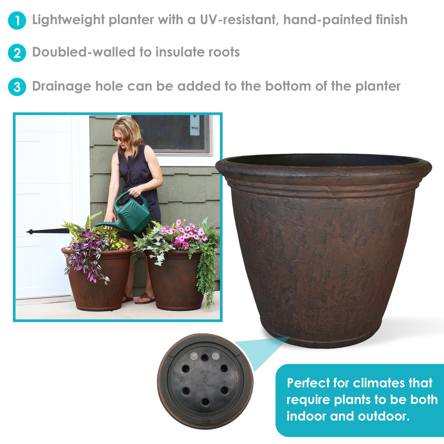 Sunnydaze 24 in Anjelica Unbreakable Polyresin Planter - Rust - Set of 2