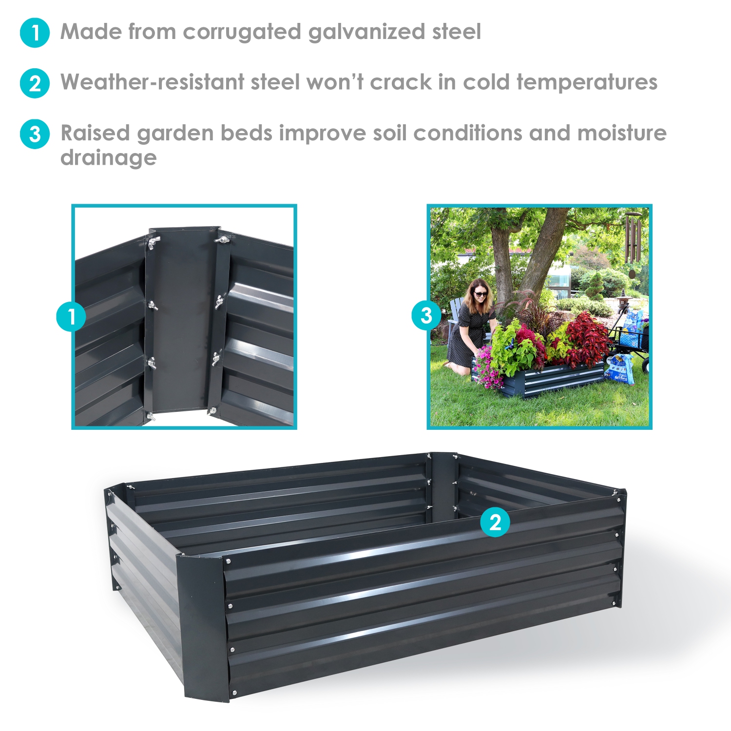 Sunnydaze Galvanized Steel Rectangle Raised Garden Bed - 47 in - Dark Gray
