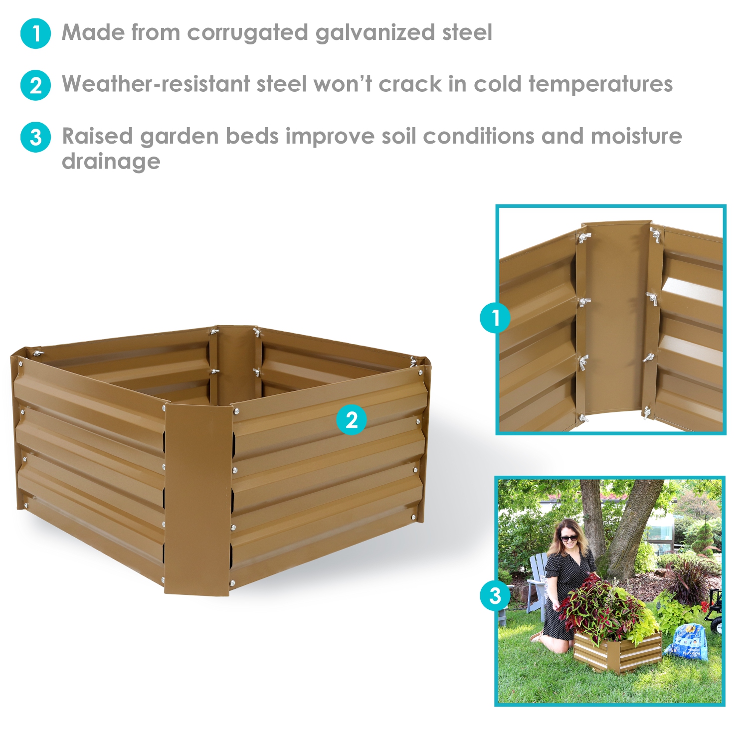 Sunnydaze Galvanized Steel Square Raised Garden Bed - 24 in - Brown