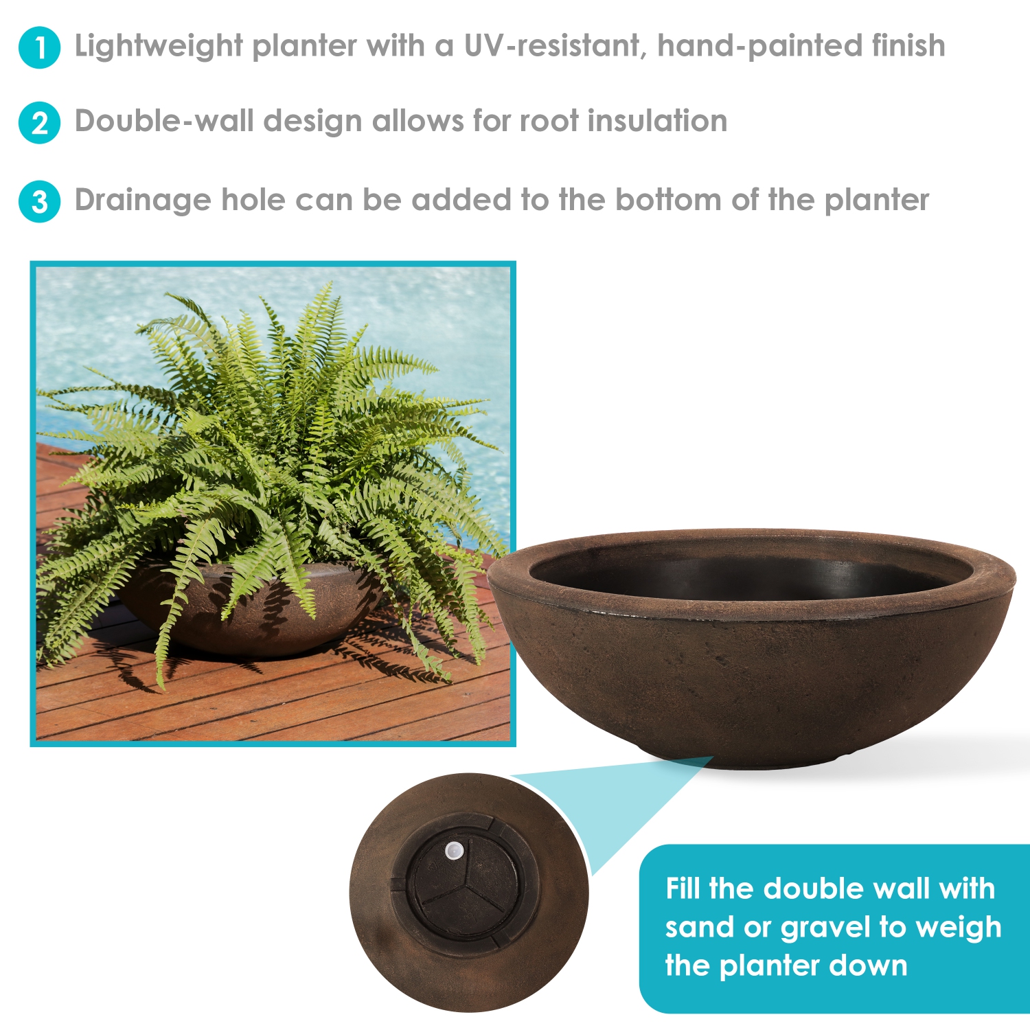Sunnydaze 20.75 in Percival Round Polyresin Planter - Sable Finish - 4 pk
