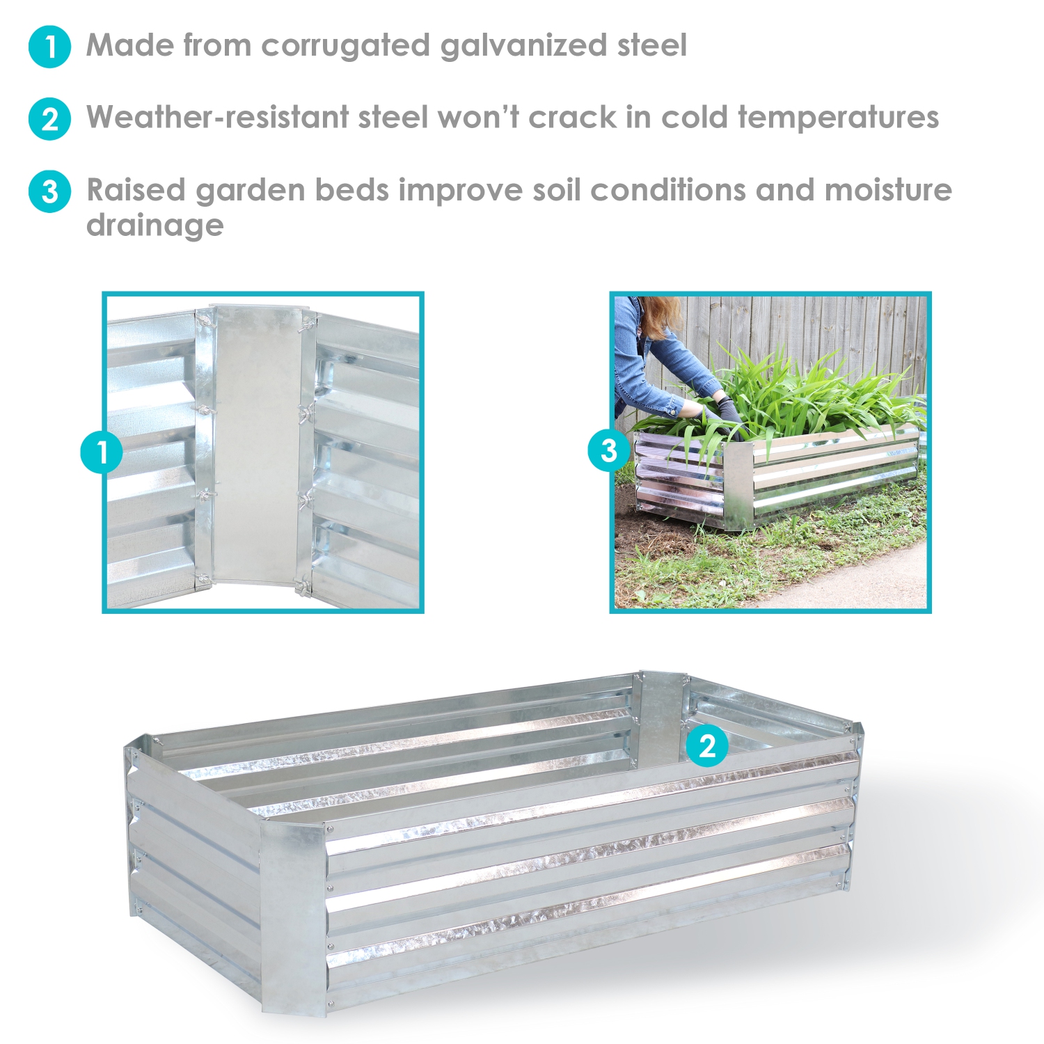 Sunnydaze Galvanized Steel Rectangle Raised Garden Bed - 48 in - Silver