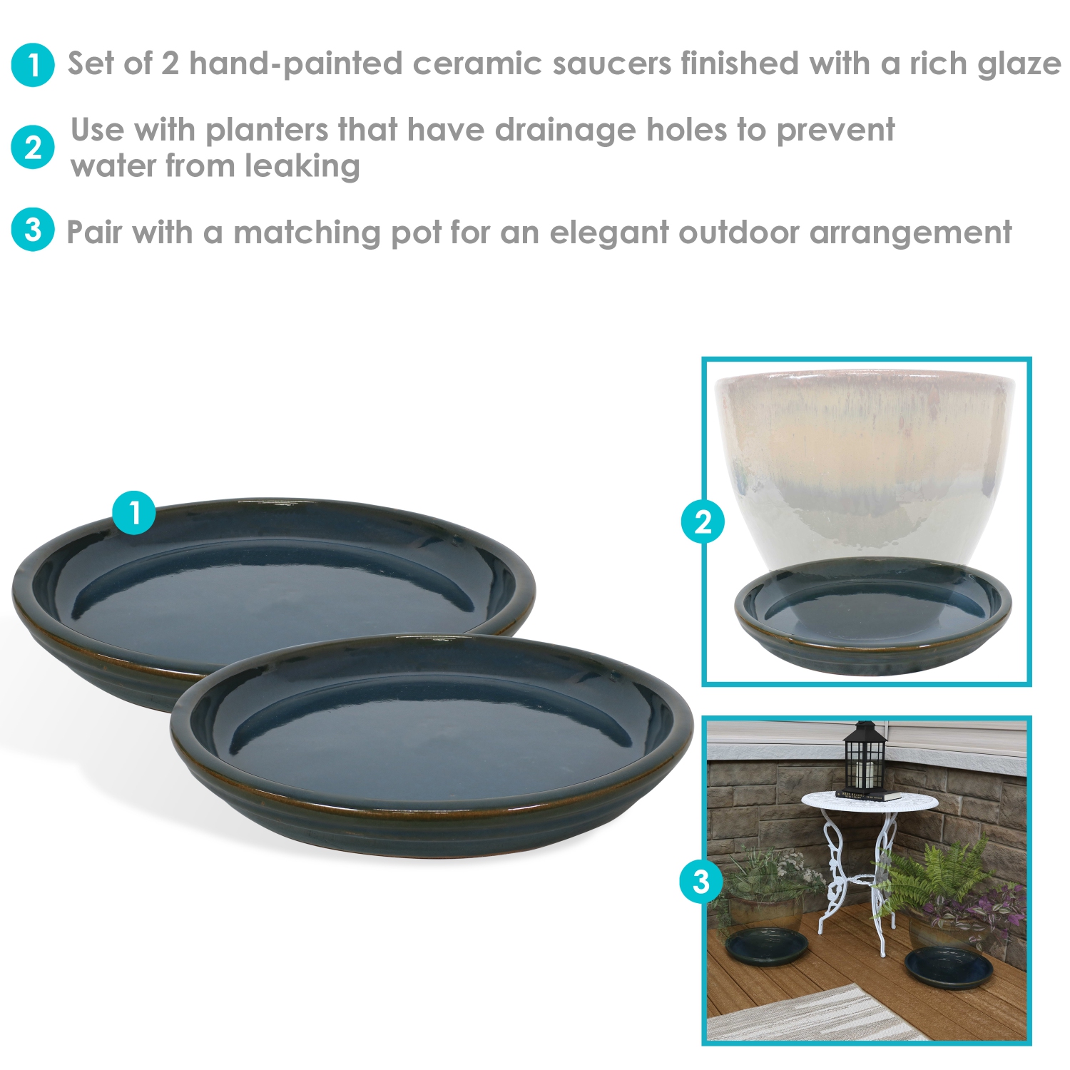 Sunnydaze 12 in Ceramic Flower Pot/Plant Saucer - Dark Green - Set of 2