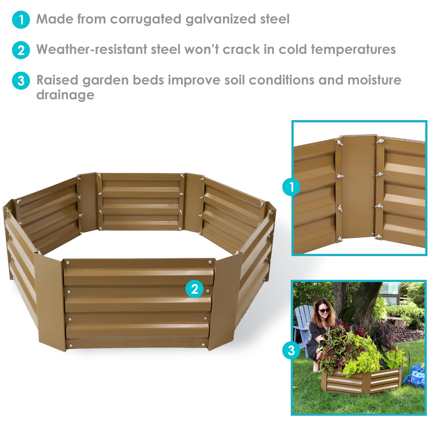 Sunnydaze Galvanized Steel Hexagon Raised Garden Bed - 40 in - Brown