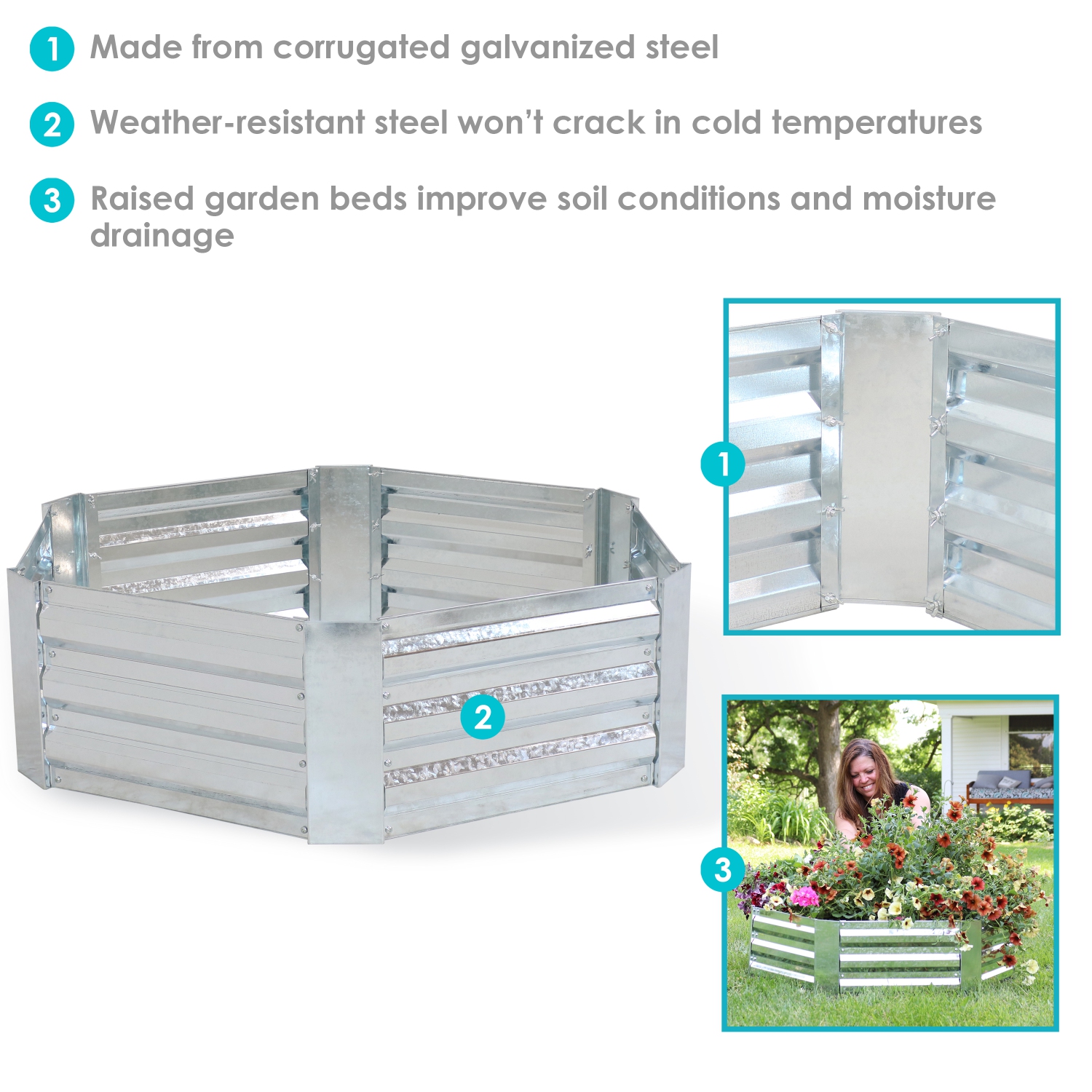Sunnydaze Galvanized Steel Hexagon Raised Garden Bed - 40 in - Silver
