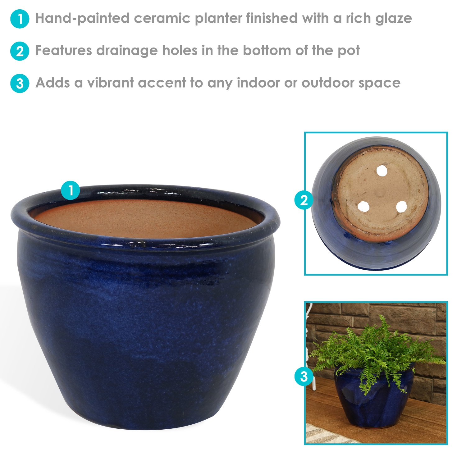 Sunnydaze 15 in Chalet High-Fired Glazed Ceramic Planter - Imperial Blue