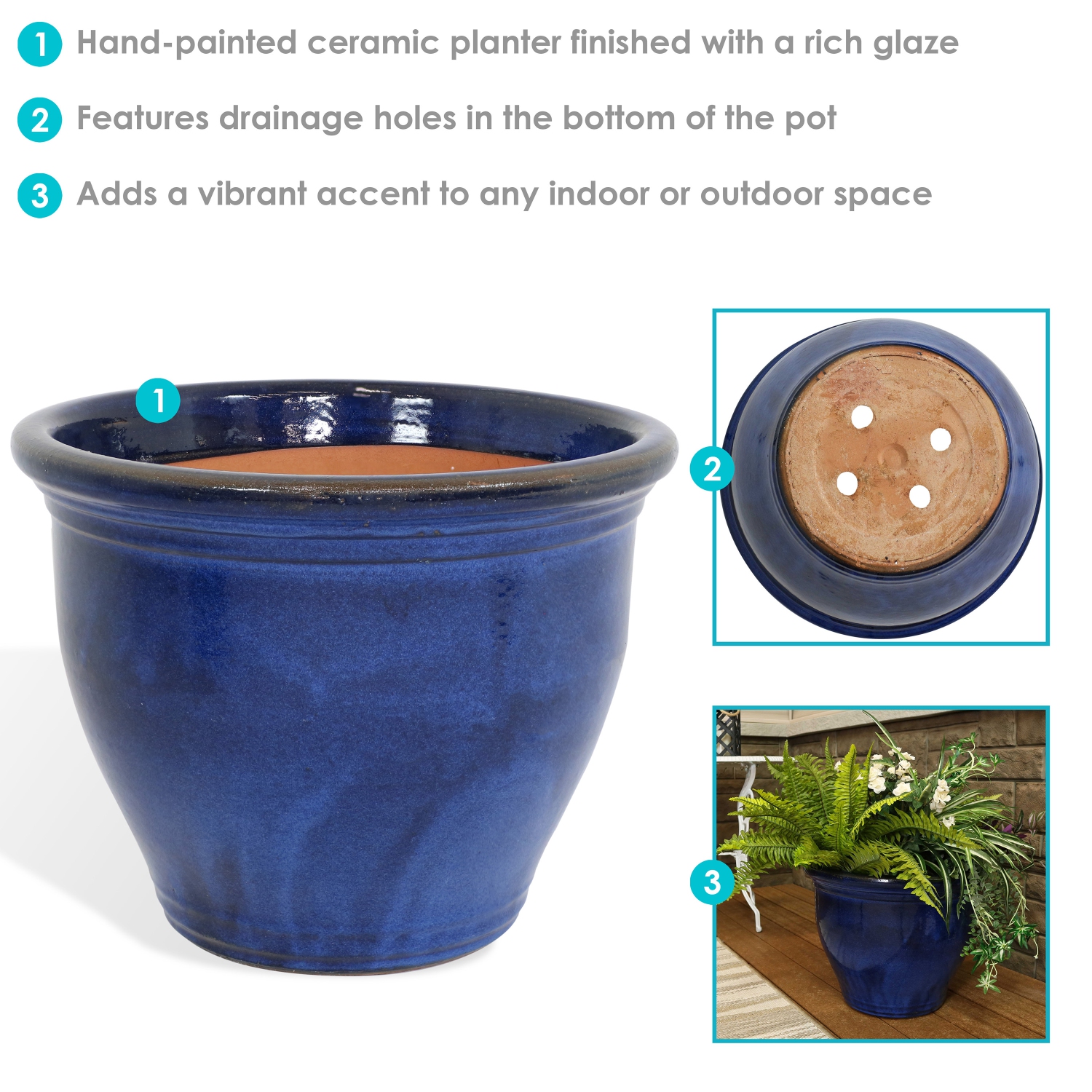 Sunnydaze 18 in Studio High-Fired Glazed Ceramic Planter - Imperial Blue