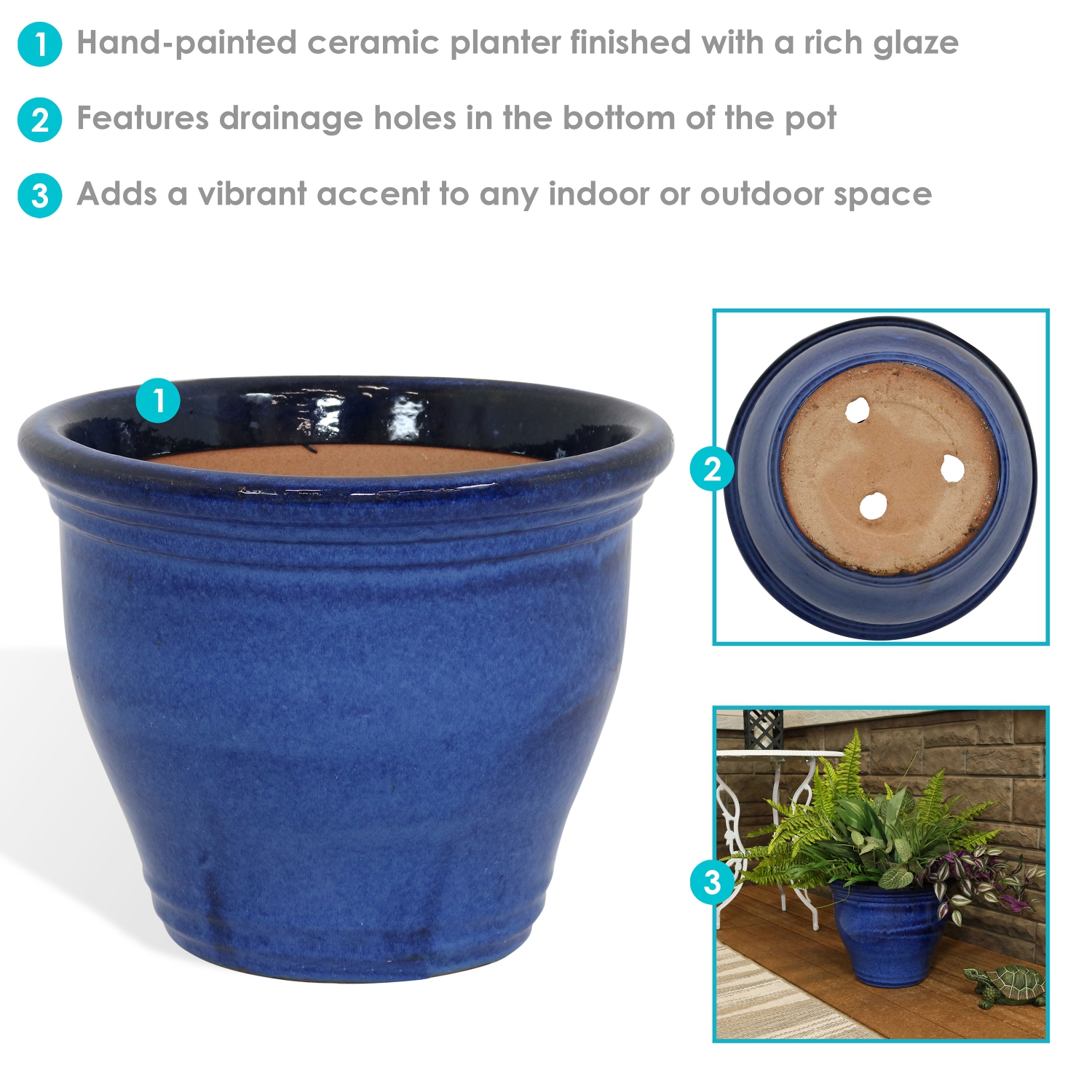 Sunnydaze 15 in Studio High-Fired Glazed Ceramic Planter - Imperial Blue