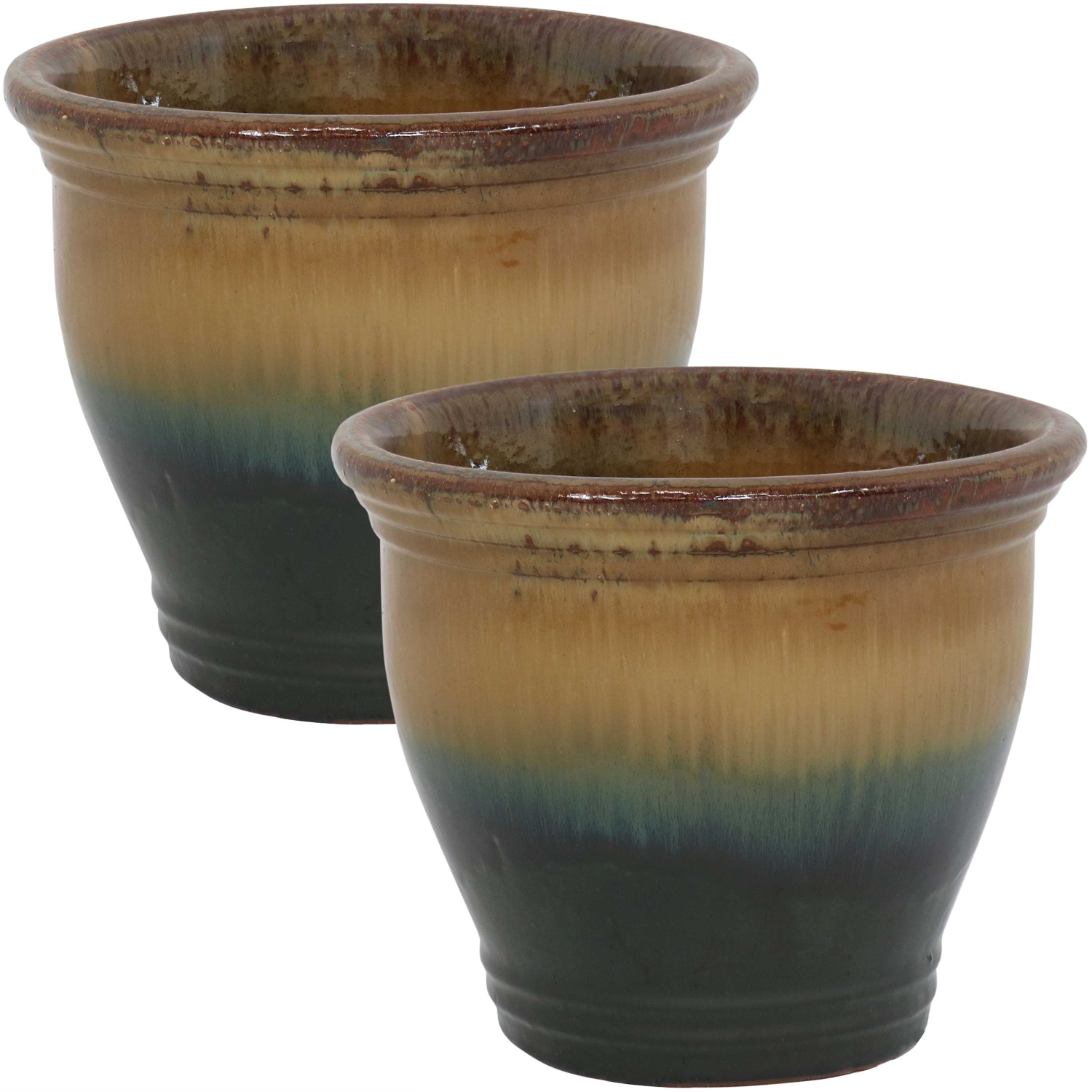 Sunnydaze 11 in Studio Glaze Ceramic Planter - Forest Lake Green - Set of 2