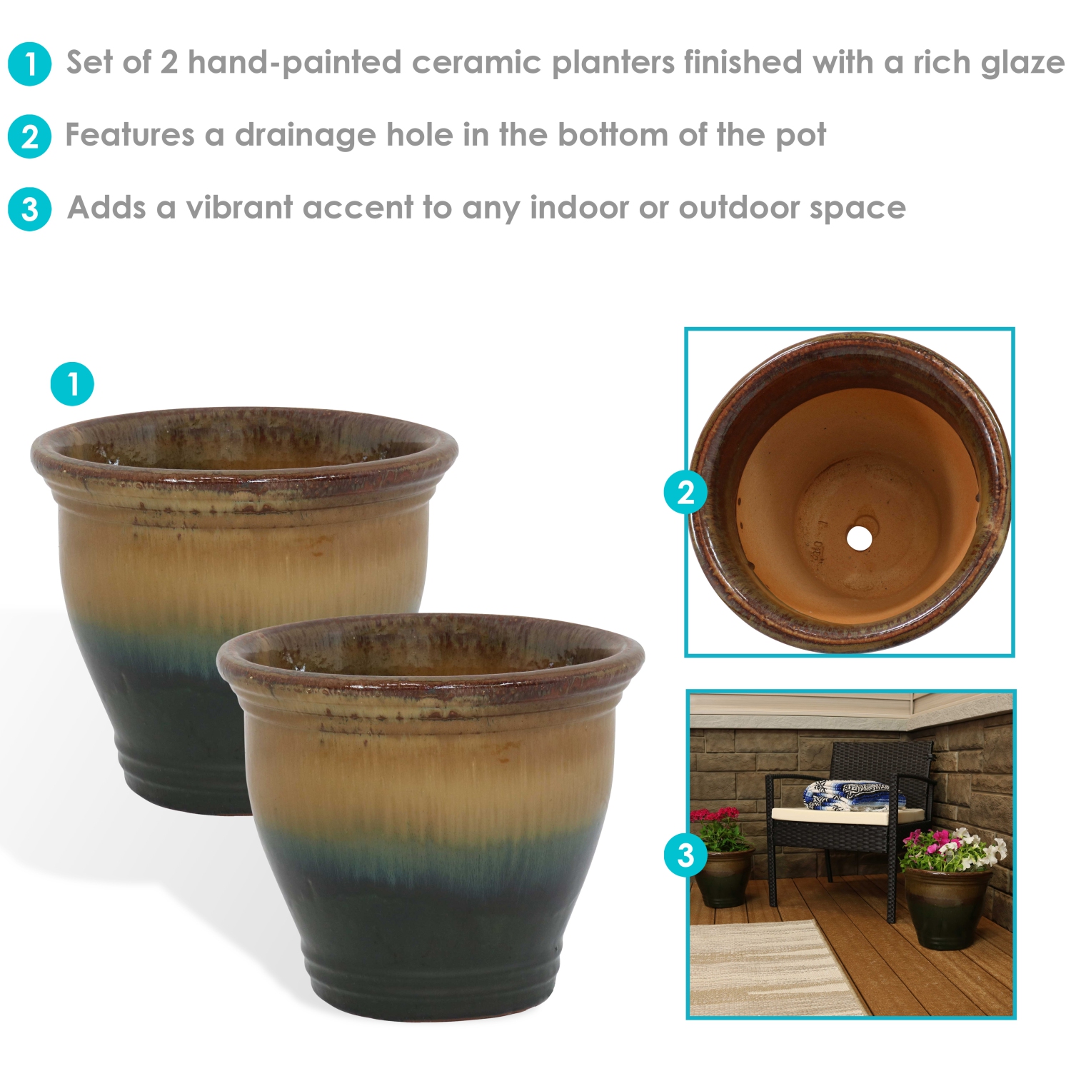 Sunnydaze 11 in Studio Glaze Ceramic Planter - Forest Lake Green - Set of 2