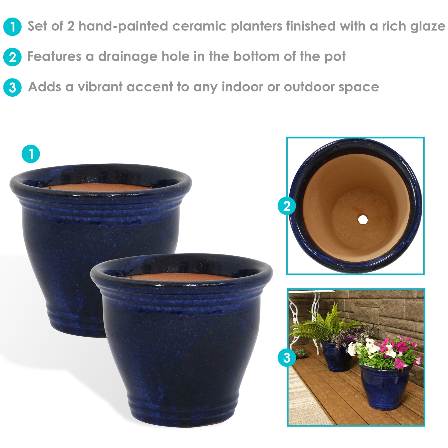 Sunnydaze 11 in Studio Glazed Ceramic Planter - Imperial Blue - Set of 2