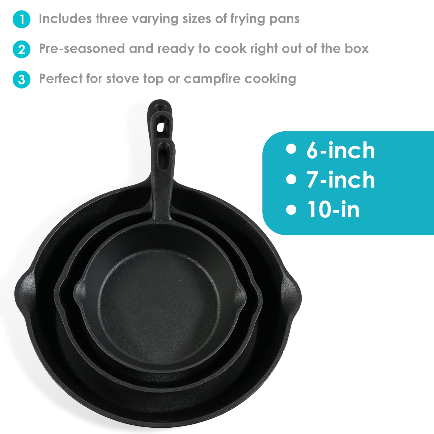 Sunnydaze 3-Piece Cast Iron Pre-Seasoned Skillet Set with 3 Pans