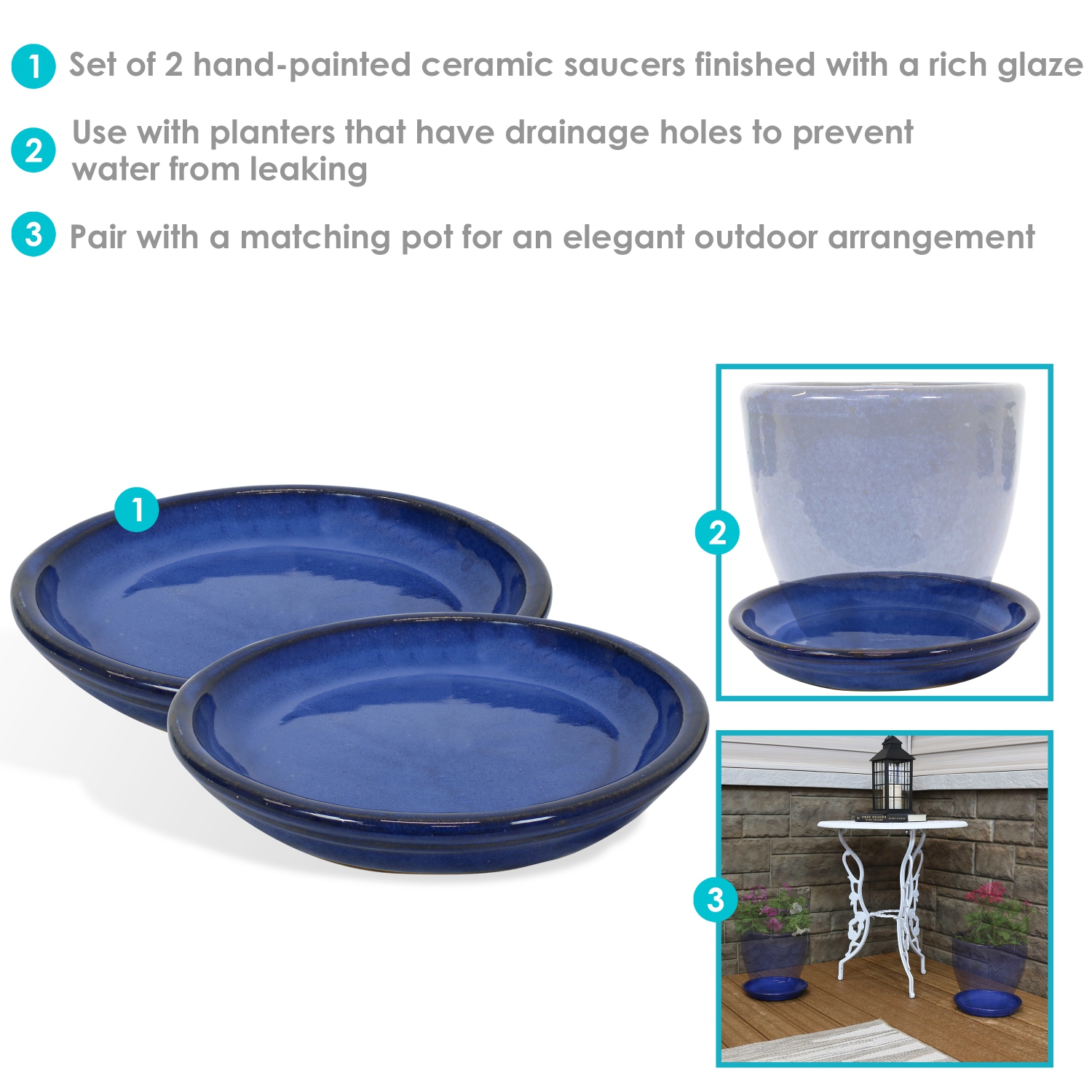 Sunnydaze 7 in Glazed Ceramic Flower Pot/Plant Saucer - Blue - Set of 4