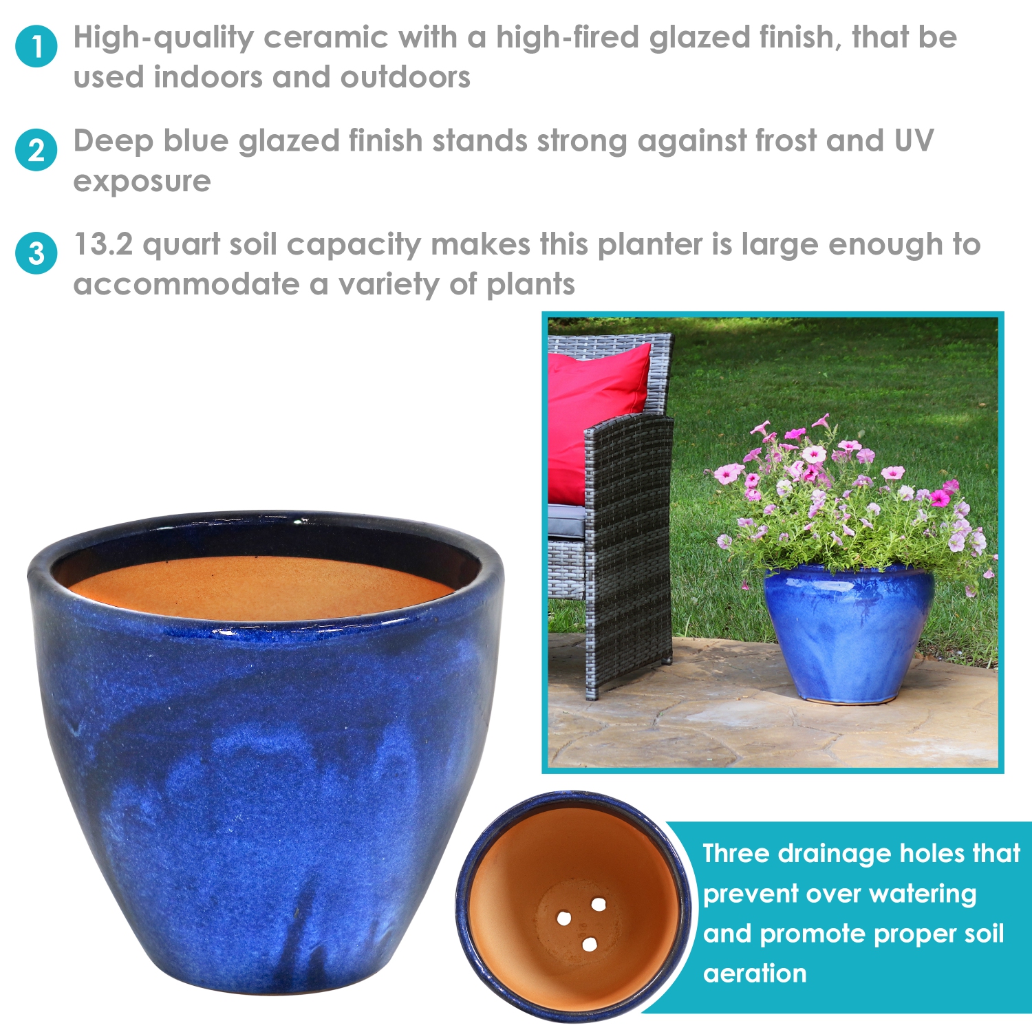 Sunnydaze 13 in Resort High-Fired Glazed Ceramic Planter - Imperial Blue