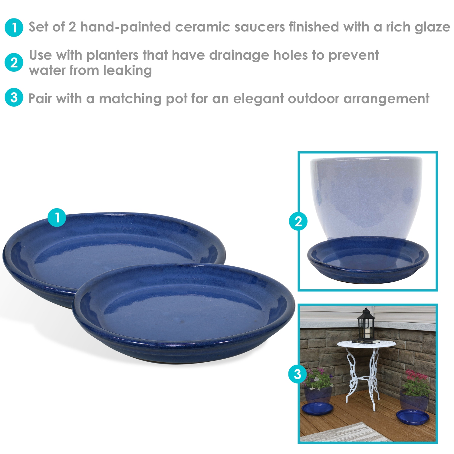 Sunnydaze 9 in Glazed Ceramic Flower Pot/Plant Saucer - Blue - Set of 2