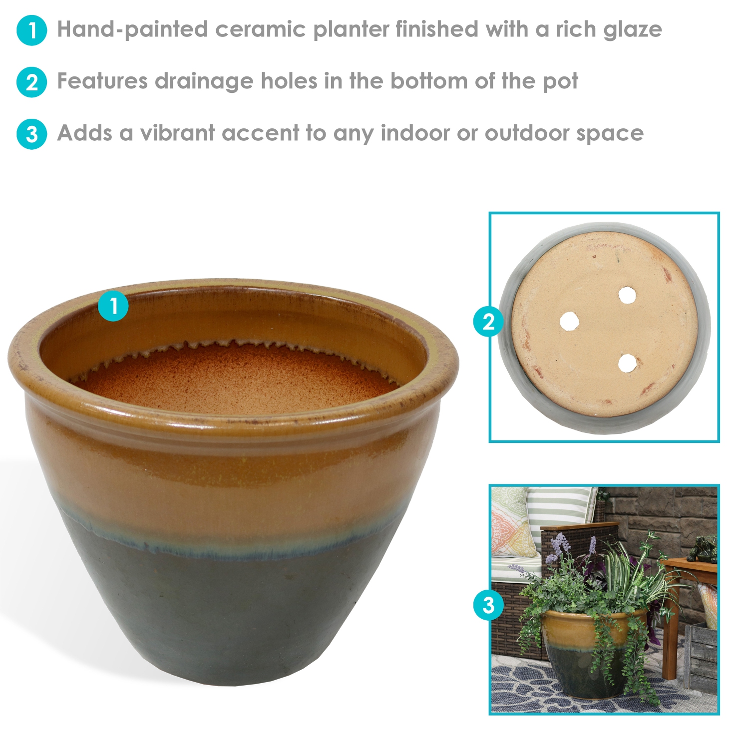 Sunnydaze 15 in Chalet High-Fired Glaze Ceramic Planter - Forest Lake Green