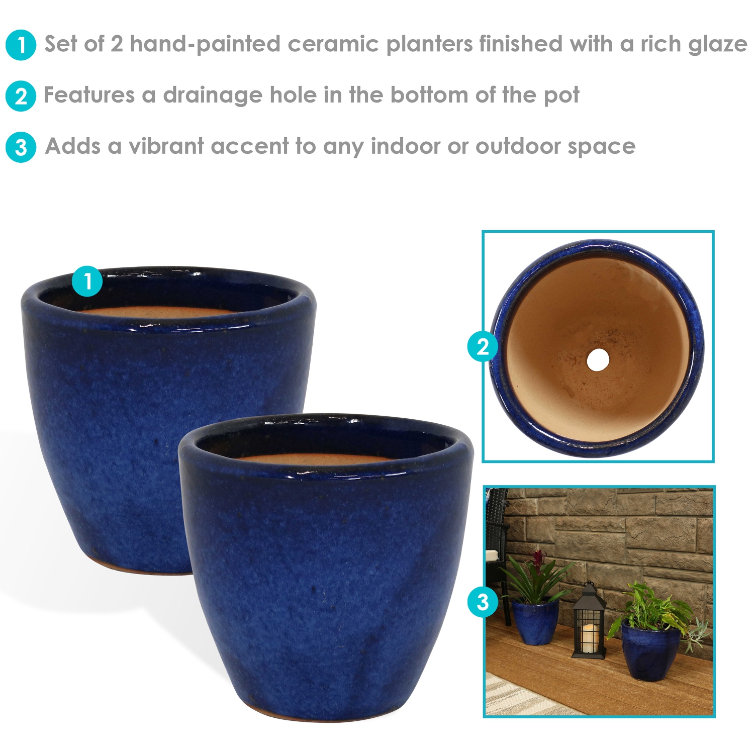 Sunnydaze 8 in Resort Glazed Ceramic Planter - Imperial Blue - Set of 2
