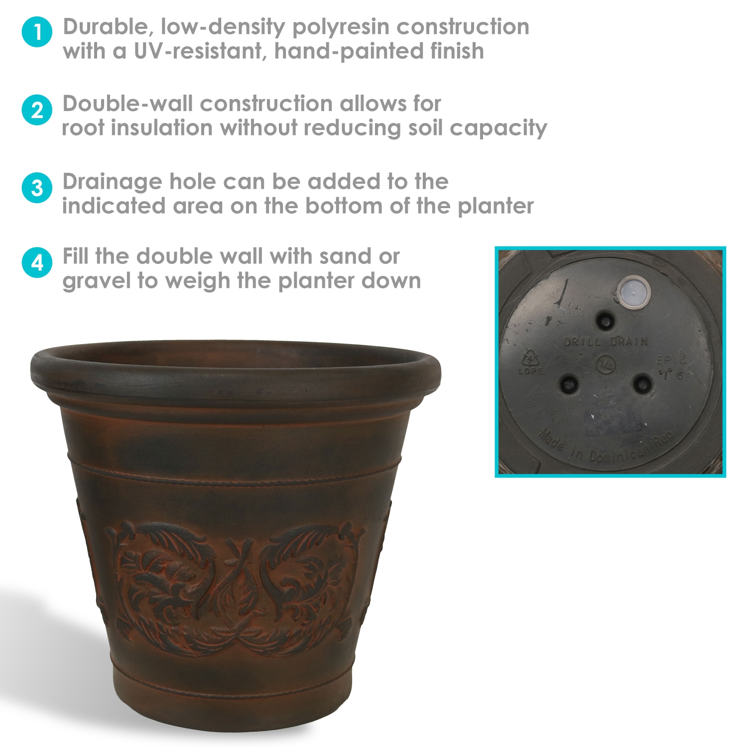 Sunnydaze 16 in Arabella Dual-Wall Polyresin Planter - Rust - Set of 4
