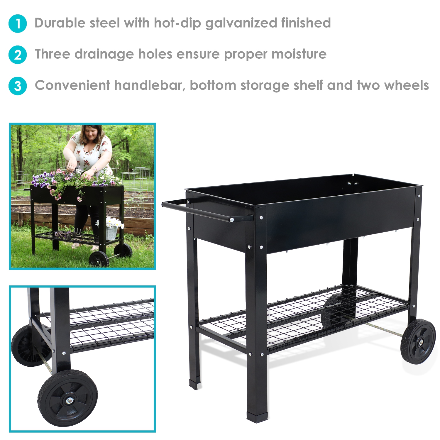 Sunnydaze 43 in Galvanized Steel Mobile Raised Garden Bed Cart - Black