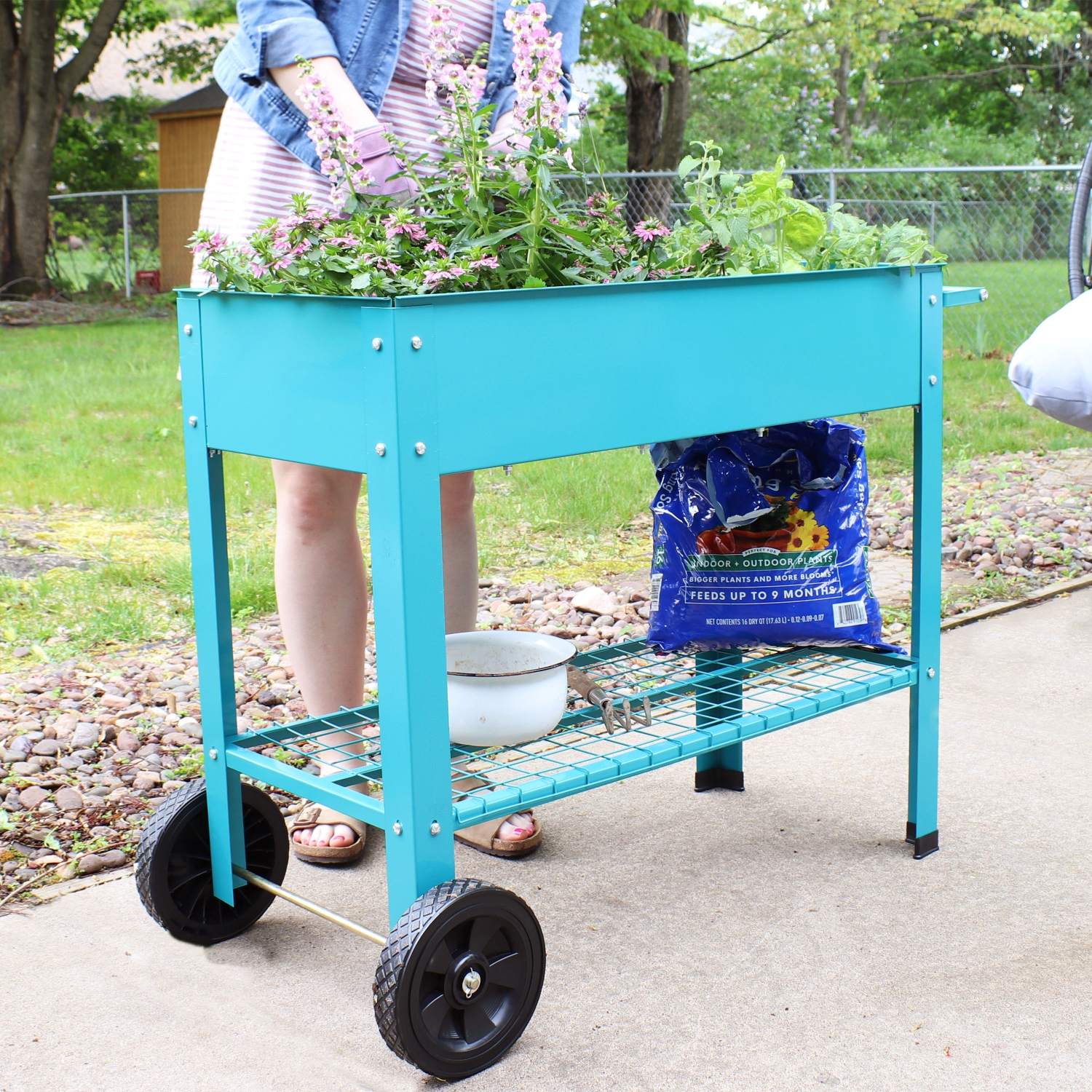 Sunnydaze 43 in Galvanized Steel Mobile Raised Garden Bed Cart - Blue