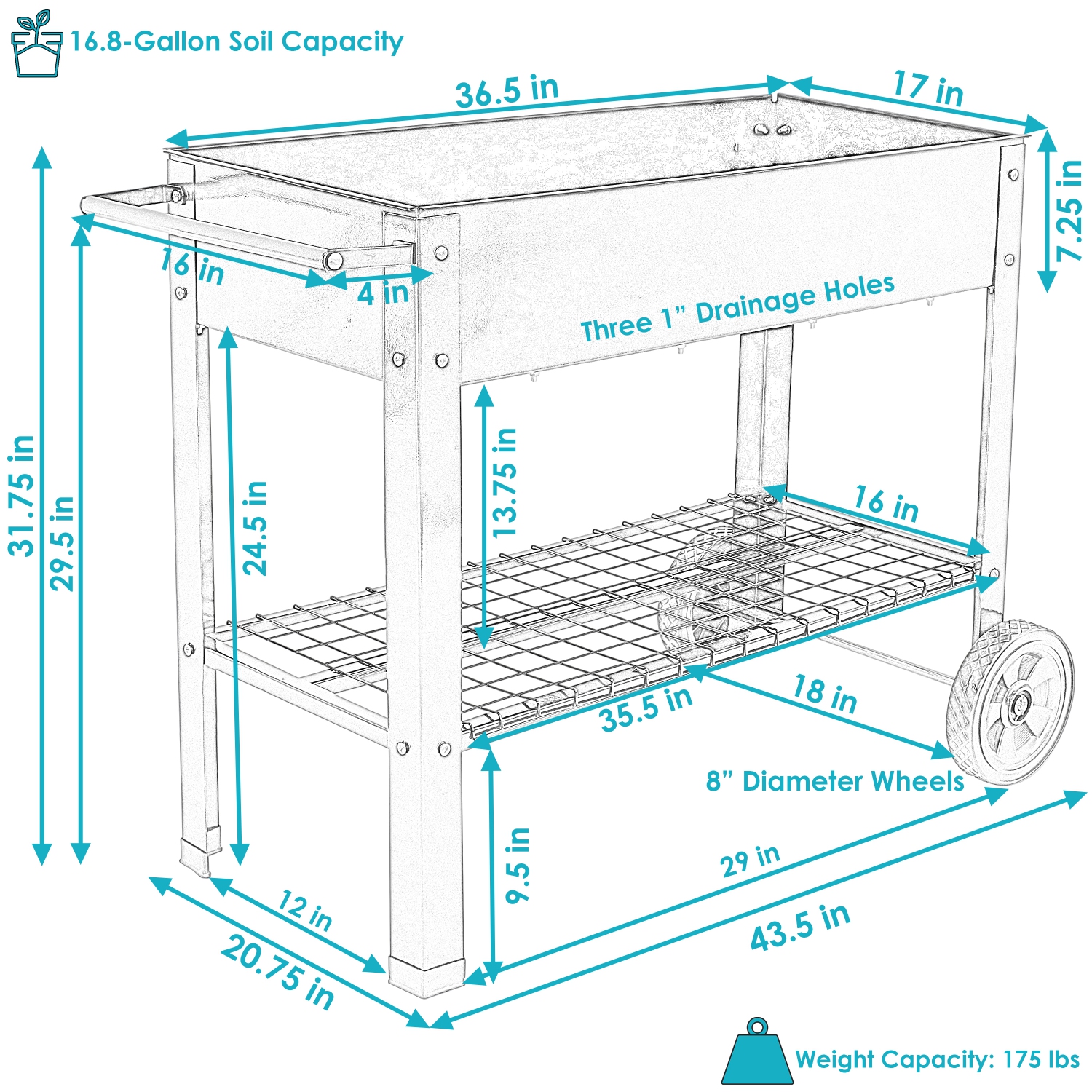 Sunnydaze 43 in Galvanized Steel Mobile Raised Garden Bed Cart - Blue