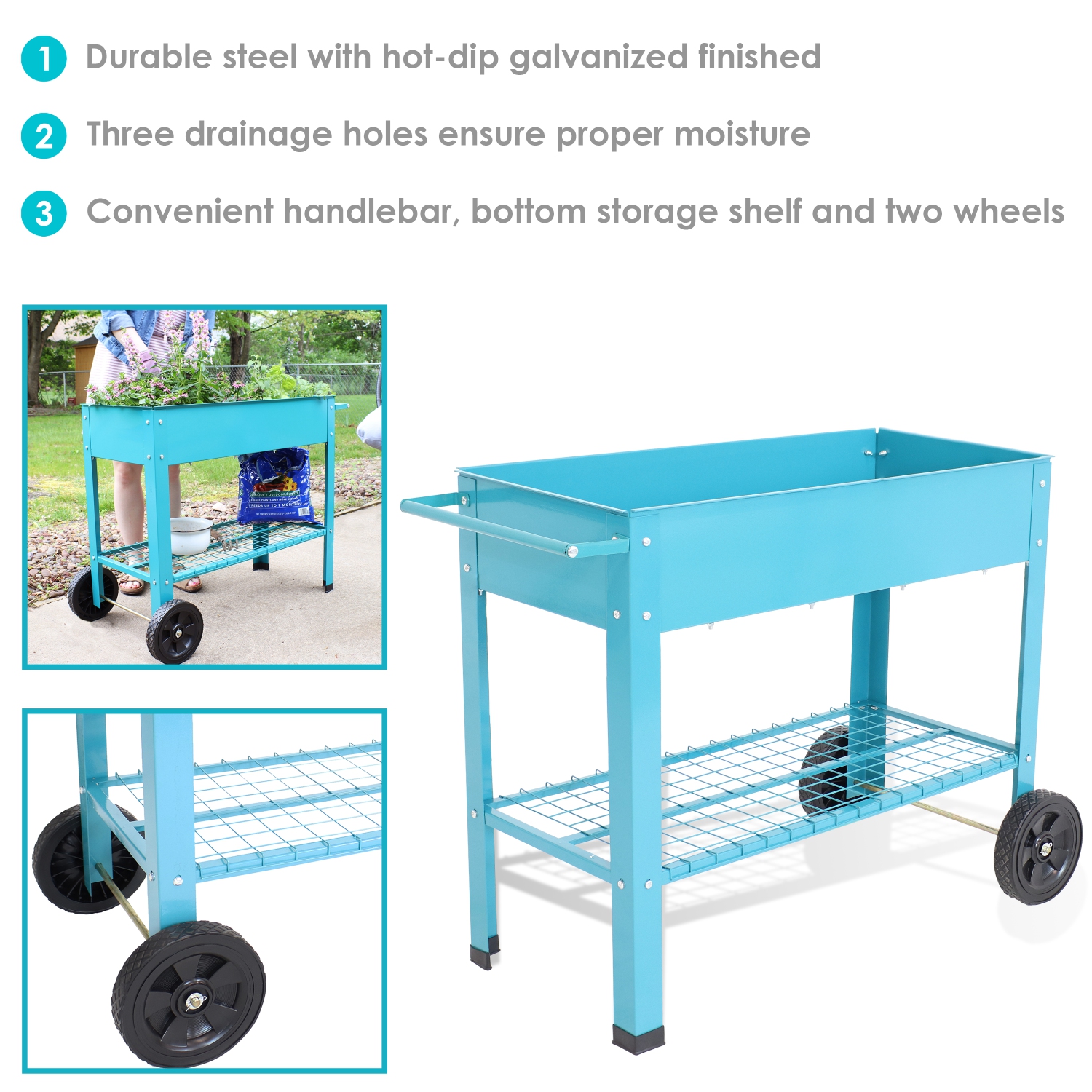 Sunnydaze 43 in Galvanized Steel Mobile Raised Garden Bed Cart - Blue