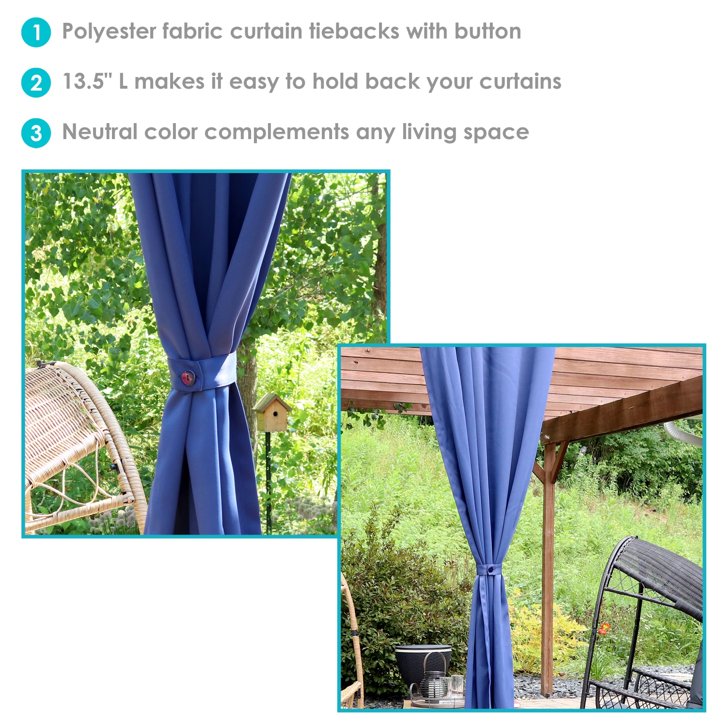 Sunnydaze Indoor/Outdoor Polyester Curtain Tiebacks - Blue - Set of 2