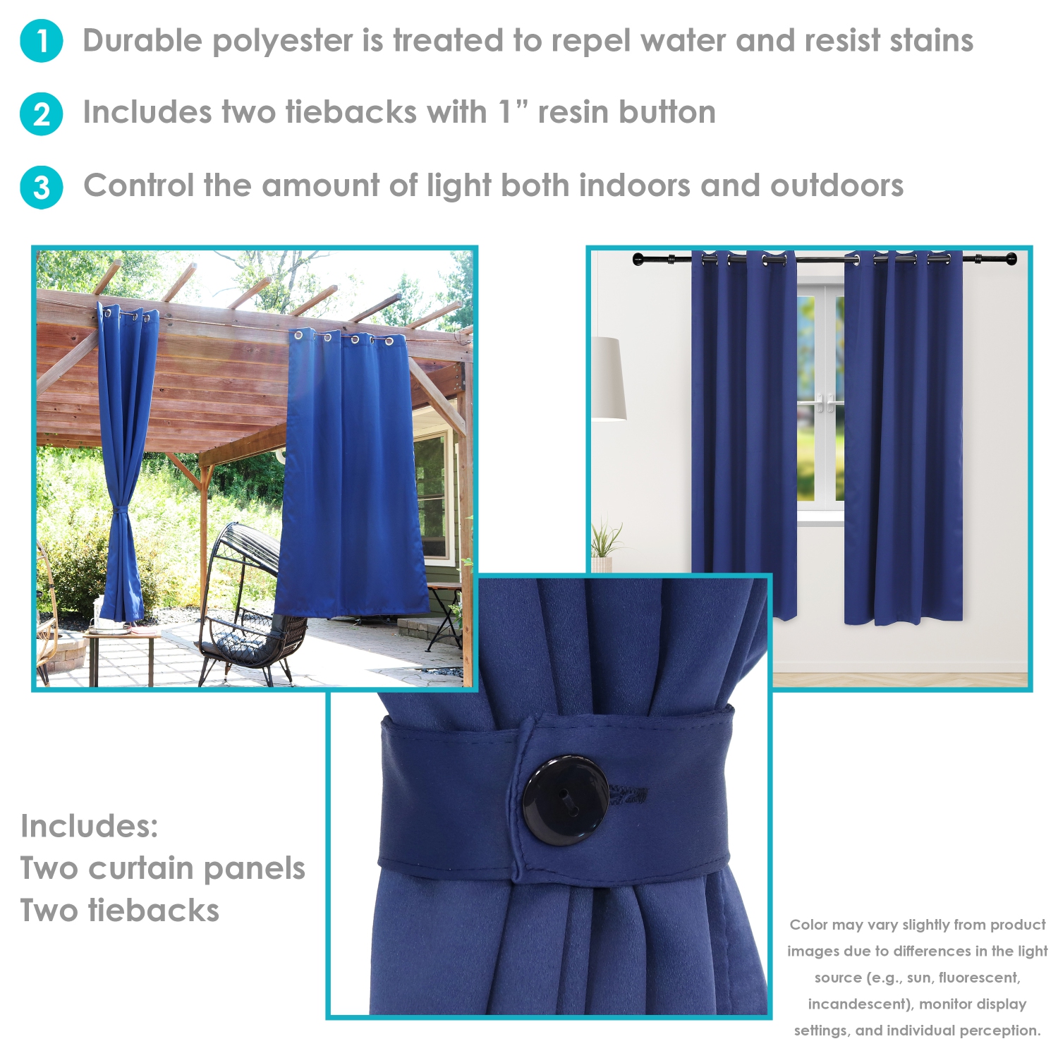 Sunnydaze Outdoor Blackout Curtain Panel - Blue - 52 in x 84 in - Set of 2