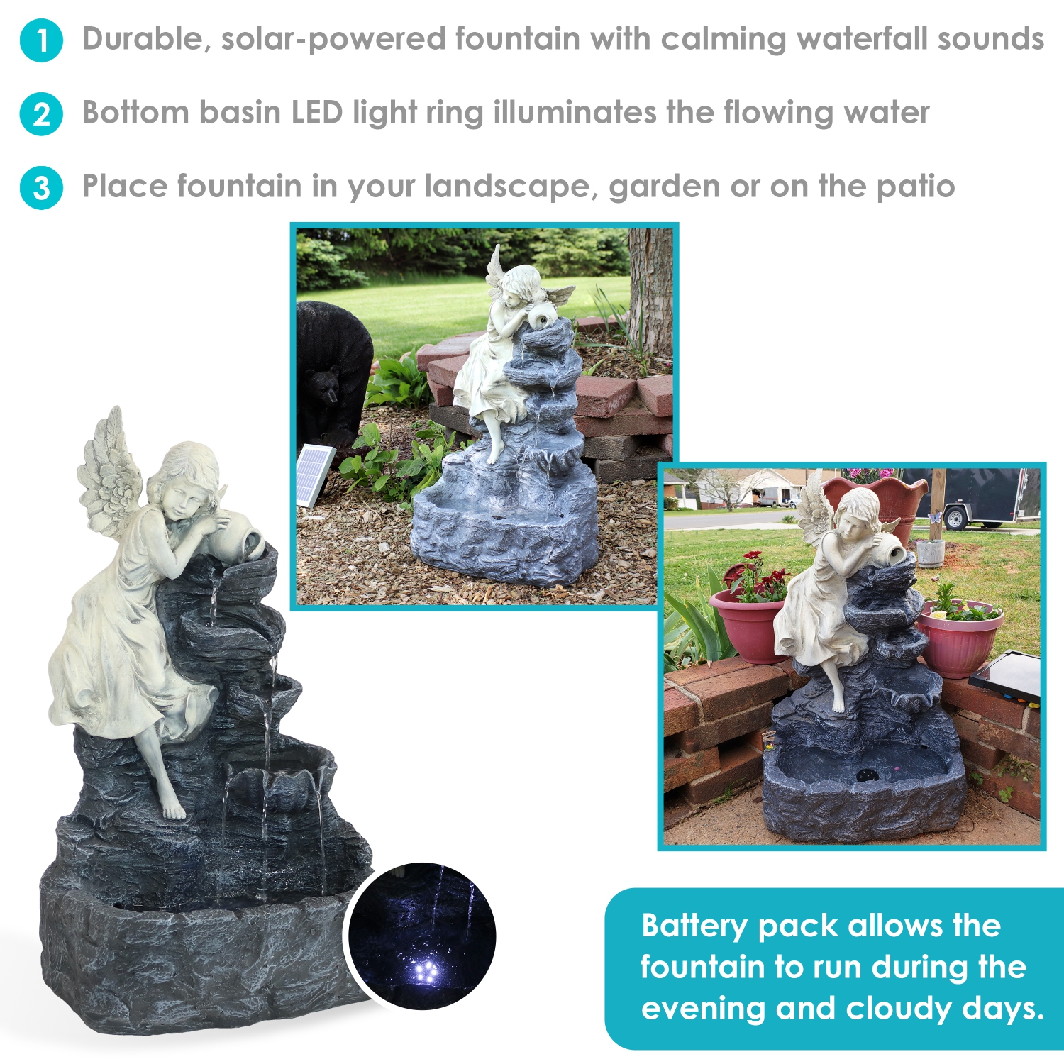 Sunnydaze Angel Falls Solar Water Fountain with Battery/LED Lights - 29 in