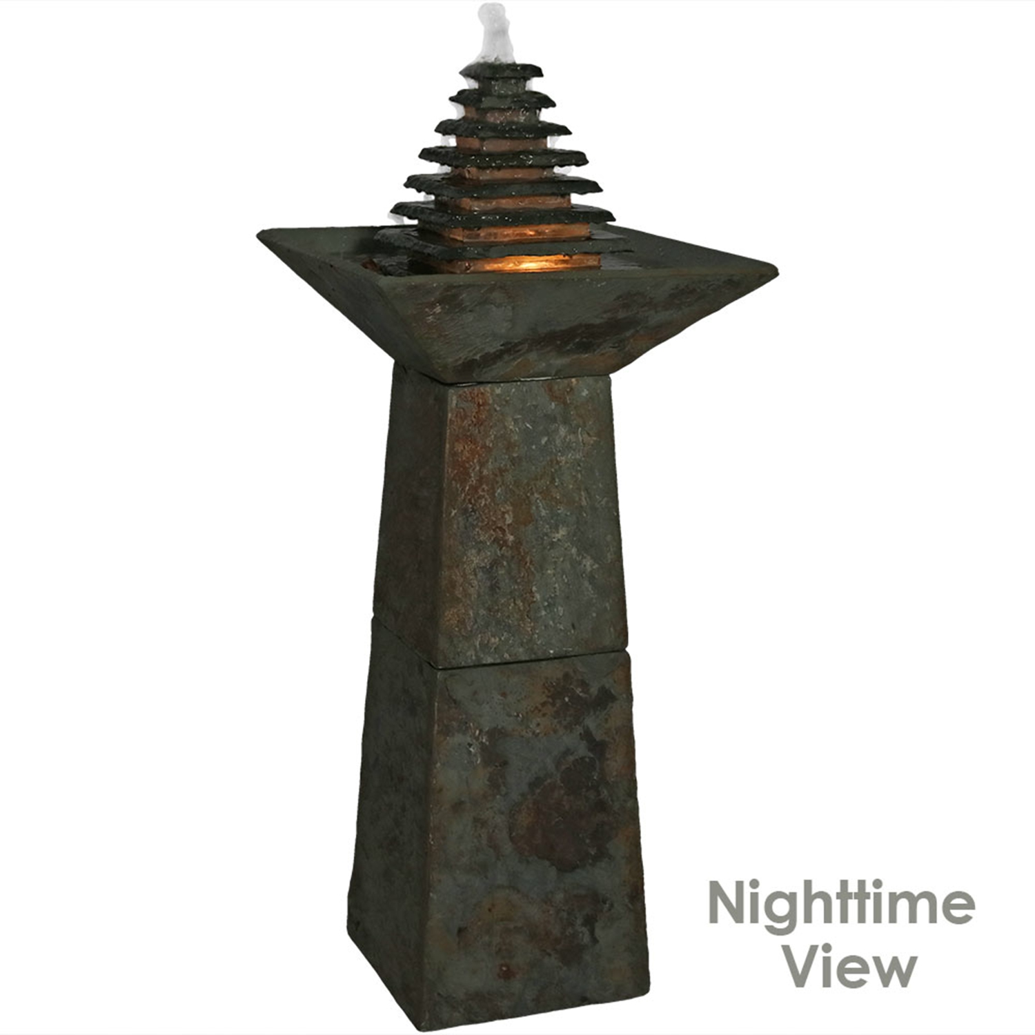 Sunnydaze Layered Slate Pyramid Water Fountain with LED Lights - 40 in